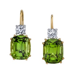 14.40 Carat Total Peridot Diamond Yellow White Gold Lever Back Drop Earrings