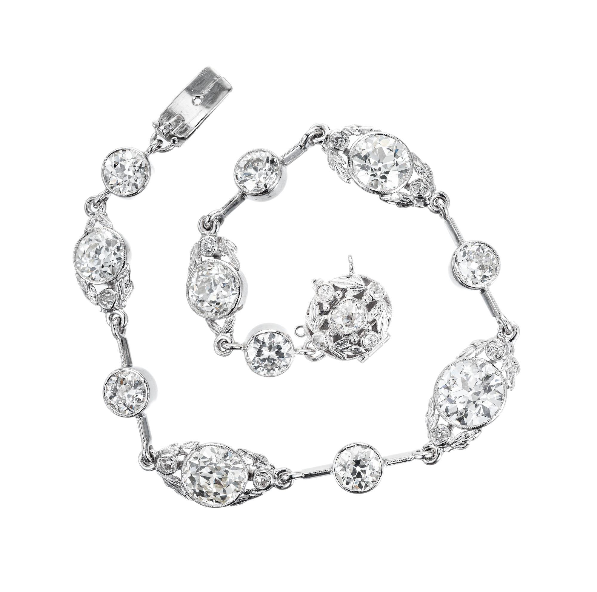 Antique 1890-1900 14.40ct diamond bracelet. Handmade in platinum with Ole Europpean, Old Mine and single cut diamonds, EGL certified. 7 inches long. 

11 Old European cut  H-J VS2- SI2 diamonds. Approximate 13.80 carats
1 Old Mine  Brilliant cut I-J