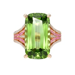 14.40 Carat Peridot Cushion Ring Pink Sapphire 18K Rose Gold Merkaba Jewelry