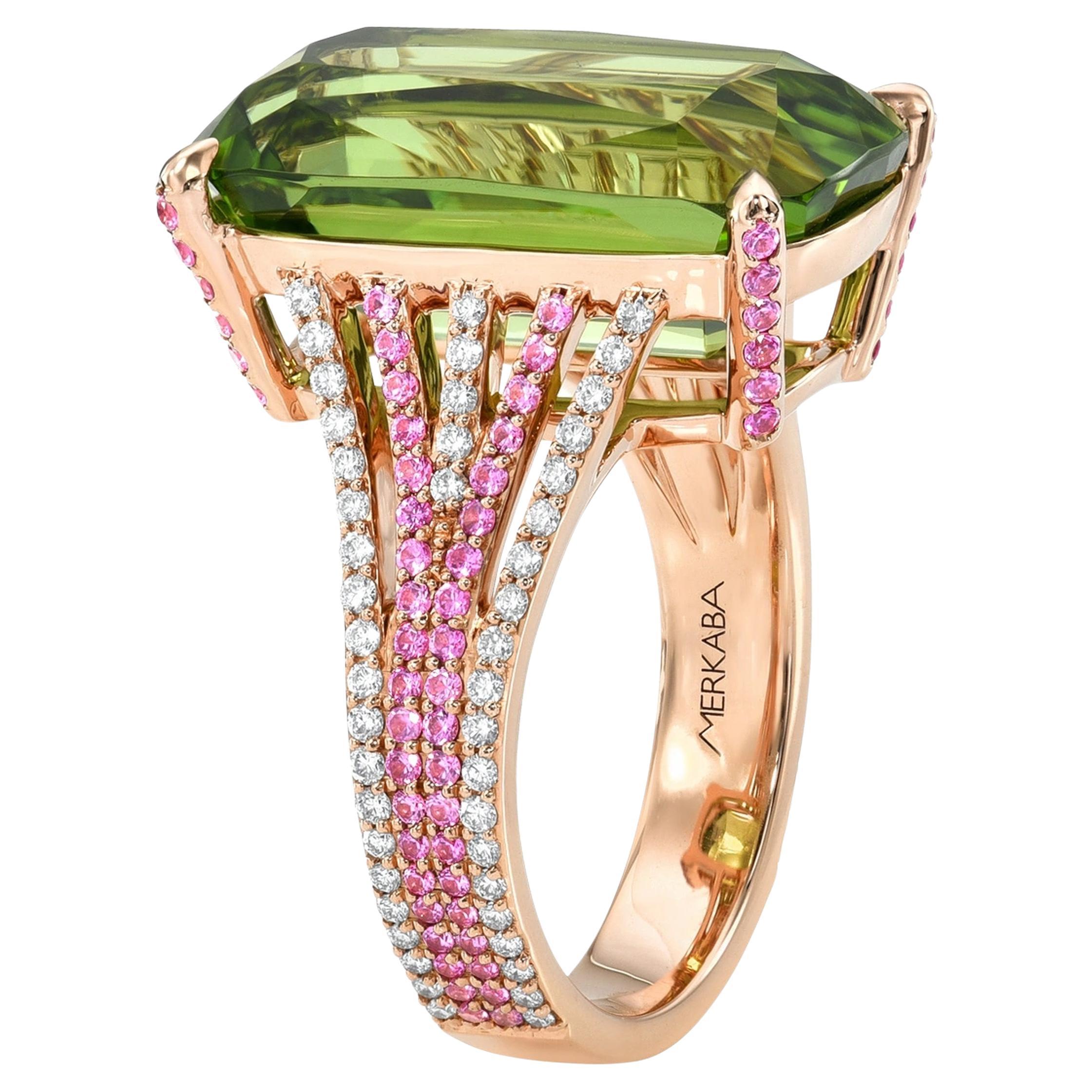 14.40 Carat Peridot Cushion Ring Pink Sapphire 18K Rose Gold Merkaba Jewelry For Sale
