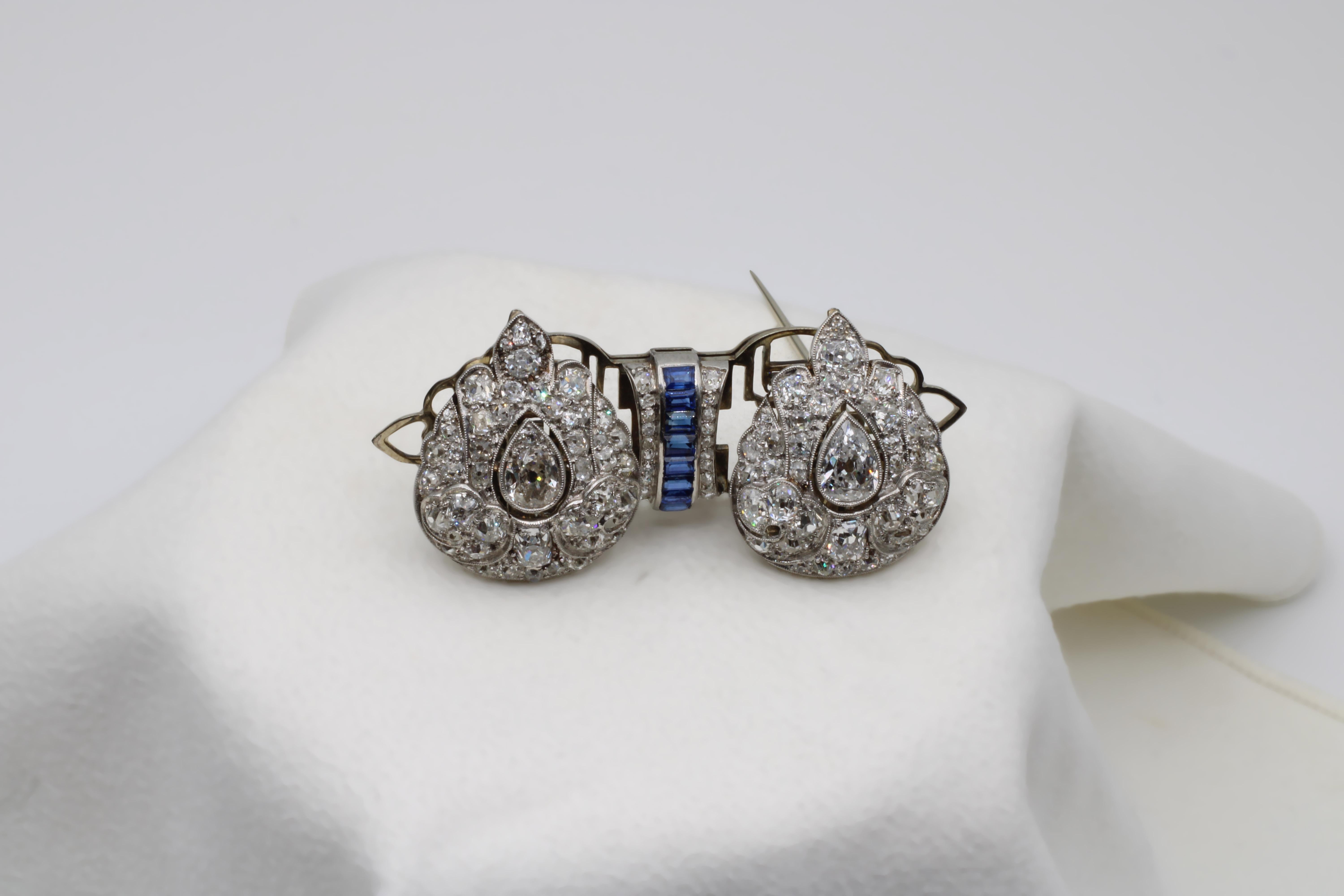 A 14.40 Carat Art Deco Platinum Old-Miner & Old European Double Filigree Brooch In Excellent Condition For Sale In New York, NY