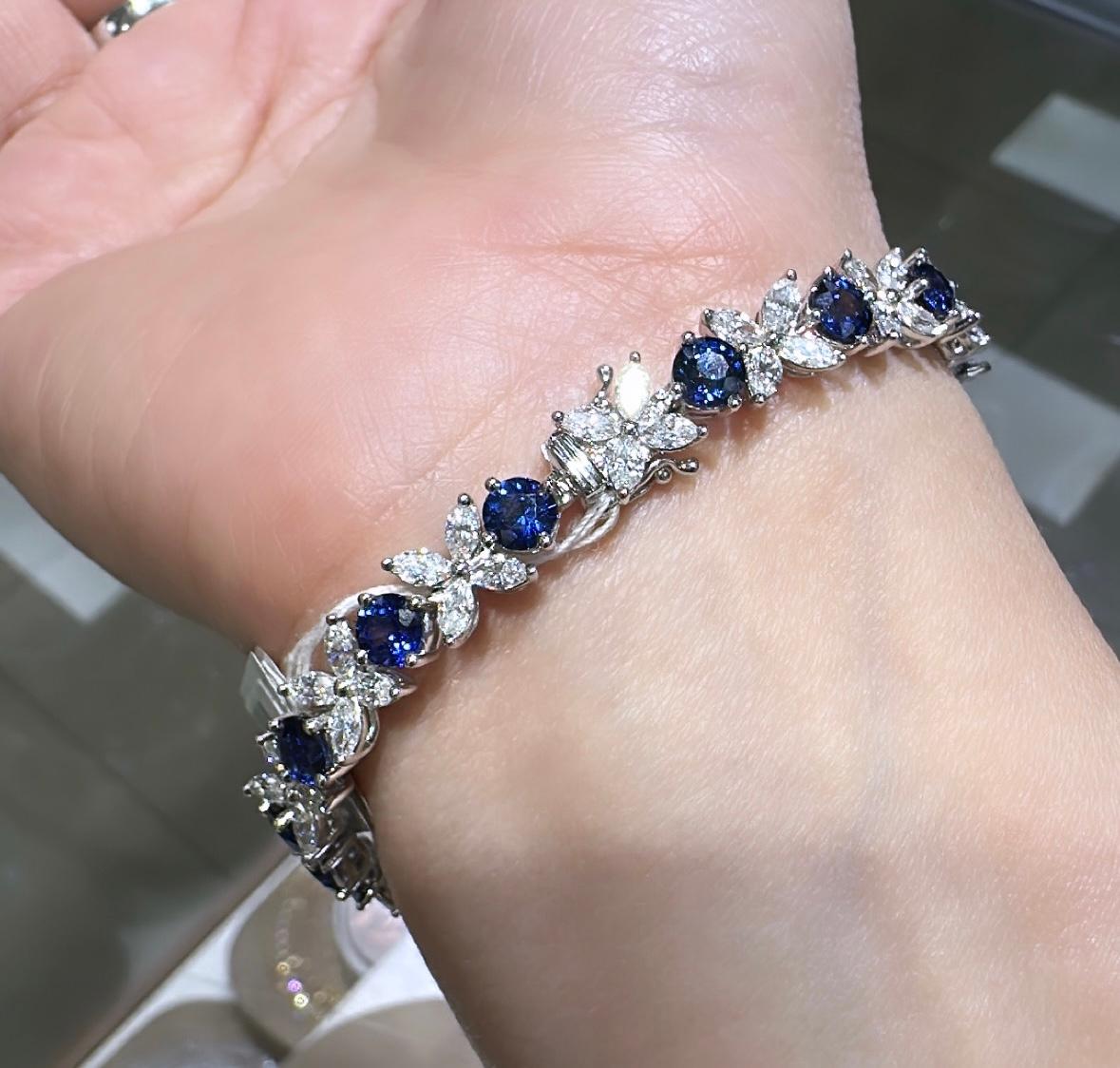 Modern 14.40ct TW Royal Blue Sapphire & Marquise-Cut Diamond Fancy Bracelet For Sale