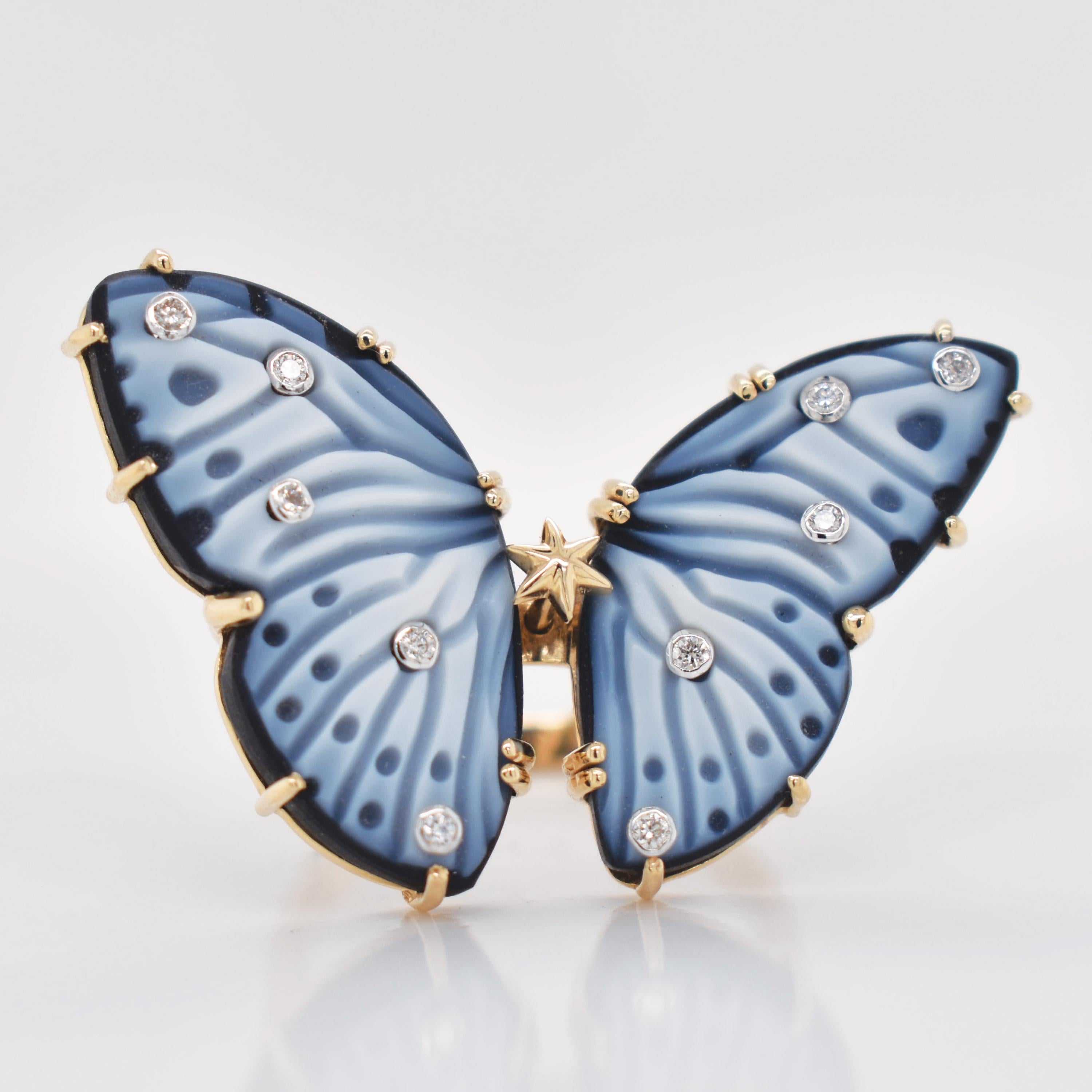 En venta: Anillo de oro de cóctel con diamantes y ágata natural tallada a mano de 14,41 quilates  10