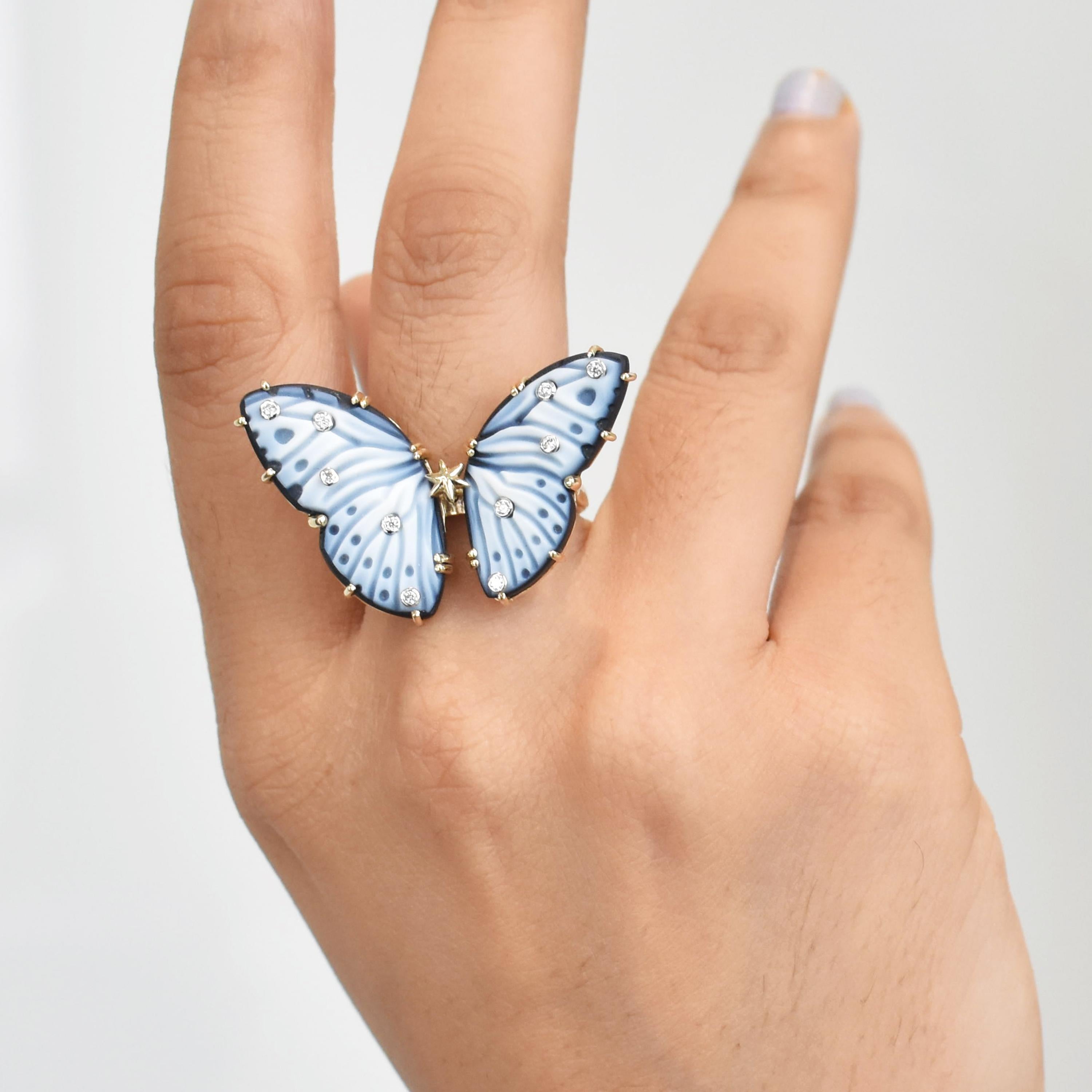 En venta: Anillo de oro de cóctel con diamantes y ágata natural tallada a mano de 14,41 quilates  13