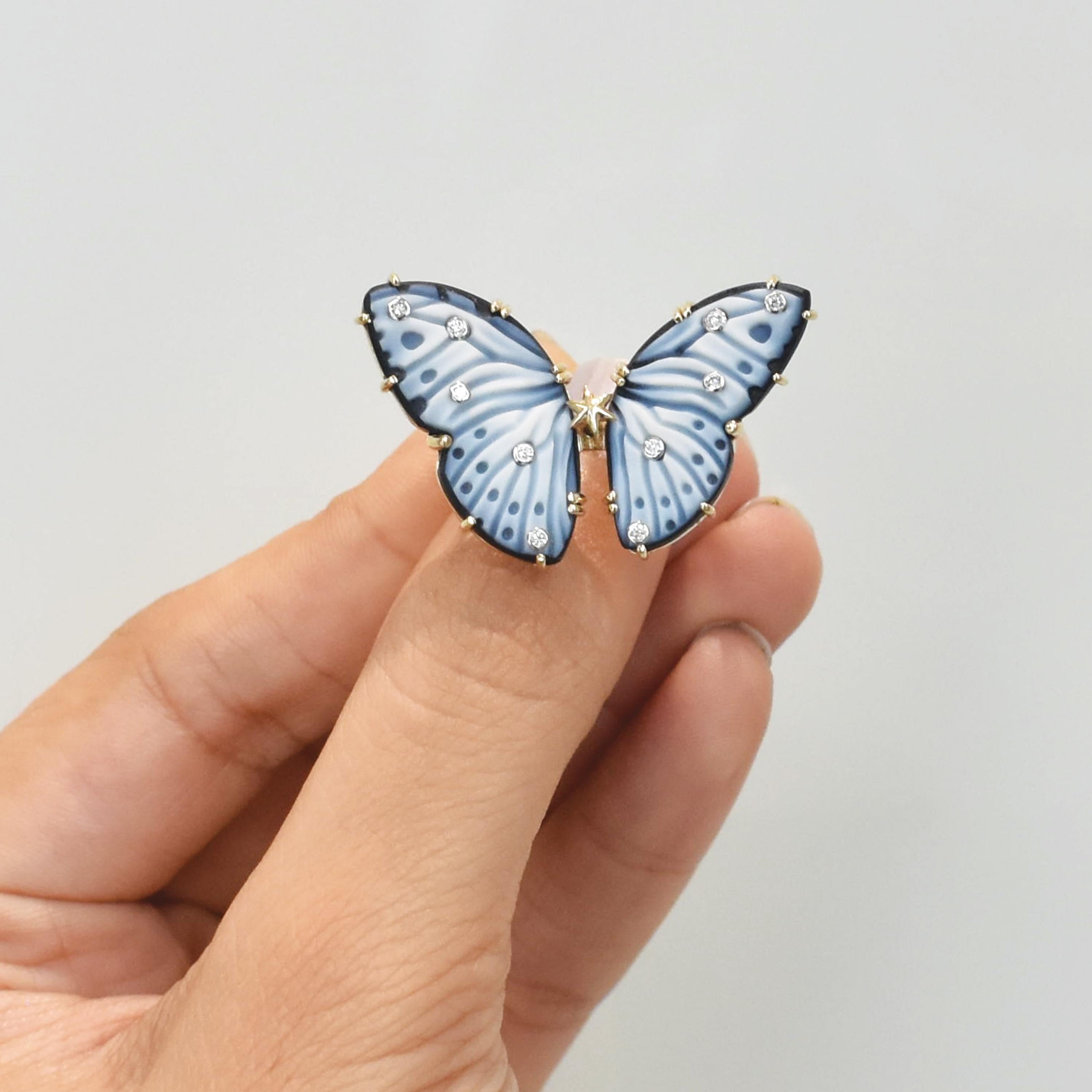 En venta: Anillo de oro de cóctel con diamantes y ágata natural tallada a mano de 14,41 quilates  3