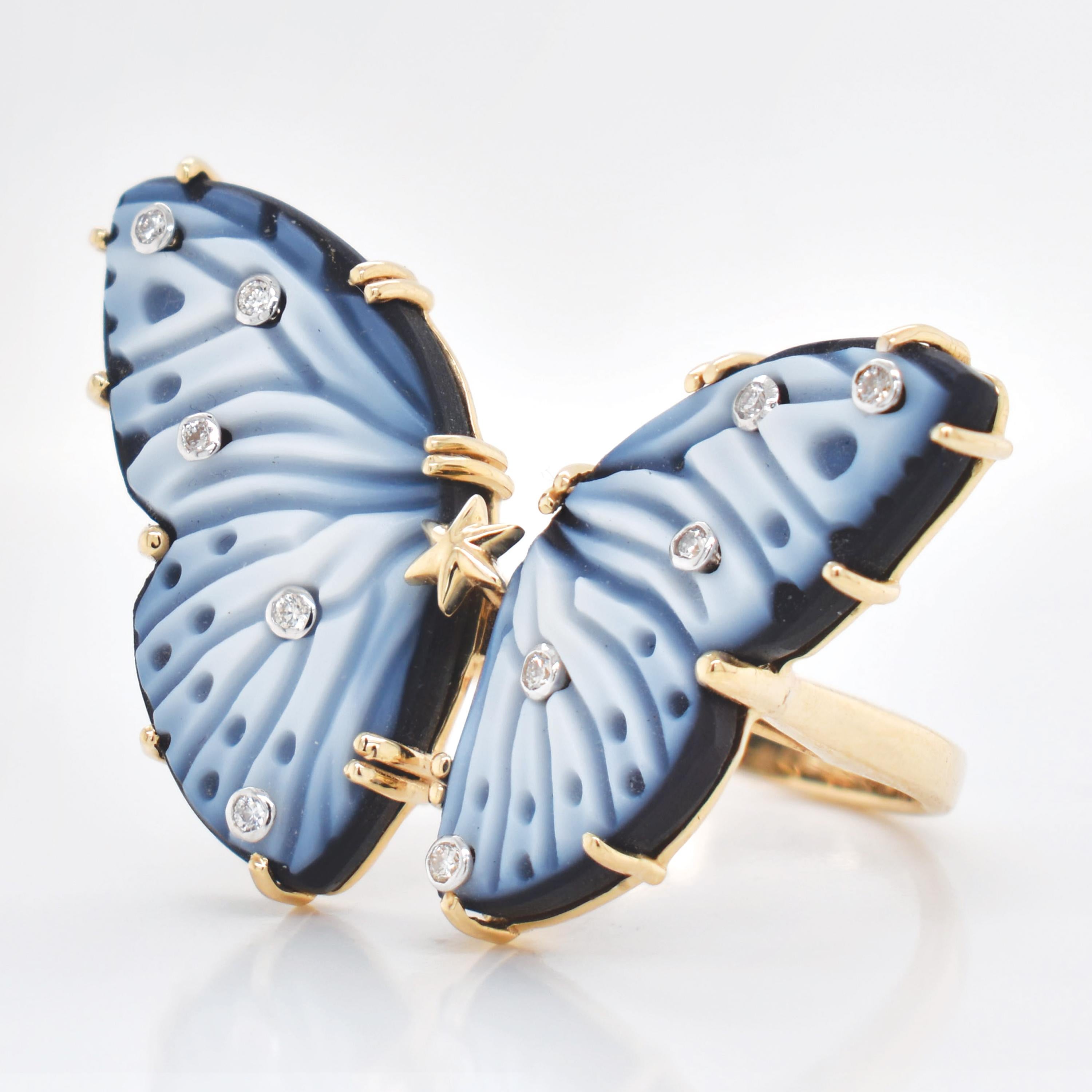 En venta: Anillo de oro de cóctel con diamantes y ágata natural tallada a mano de 14,41 quilates  6