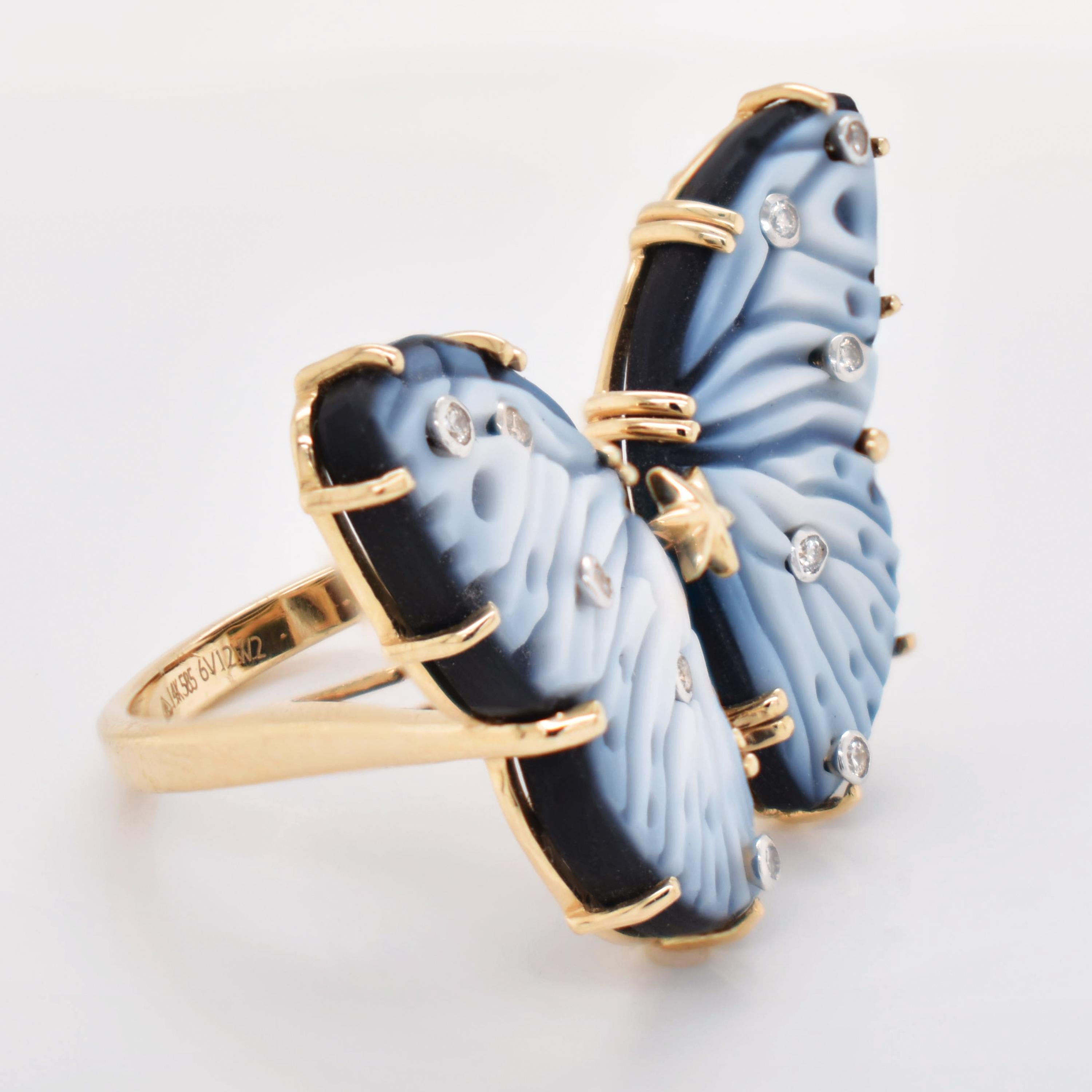 En venta: Anillo de oro de cóctel con diamantes y ágata natural tallada a mano de 14,41 quilates  8