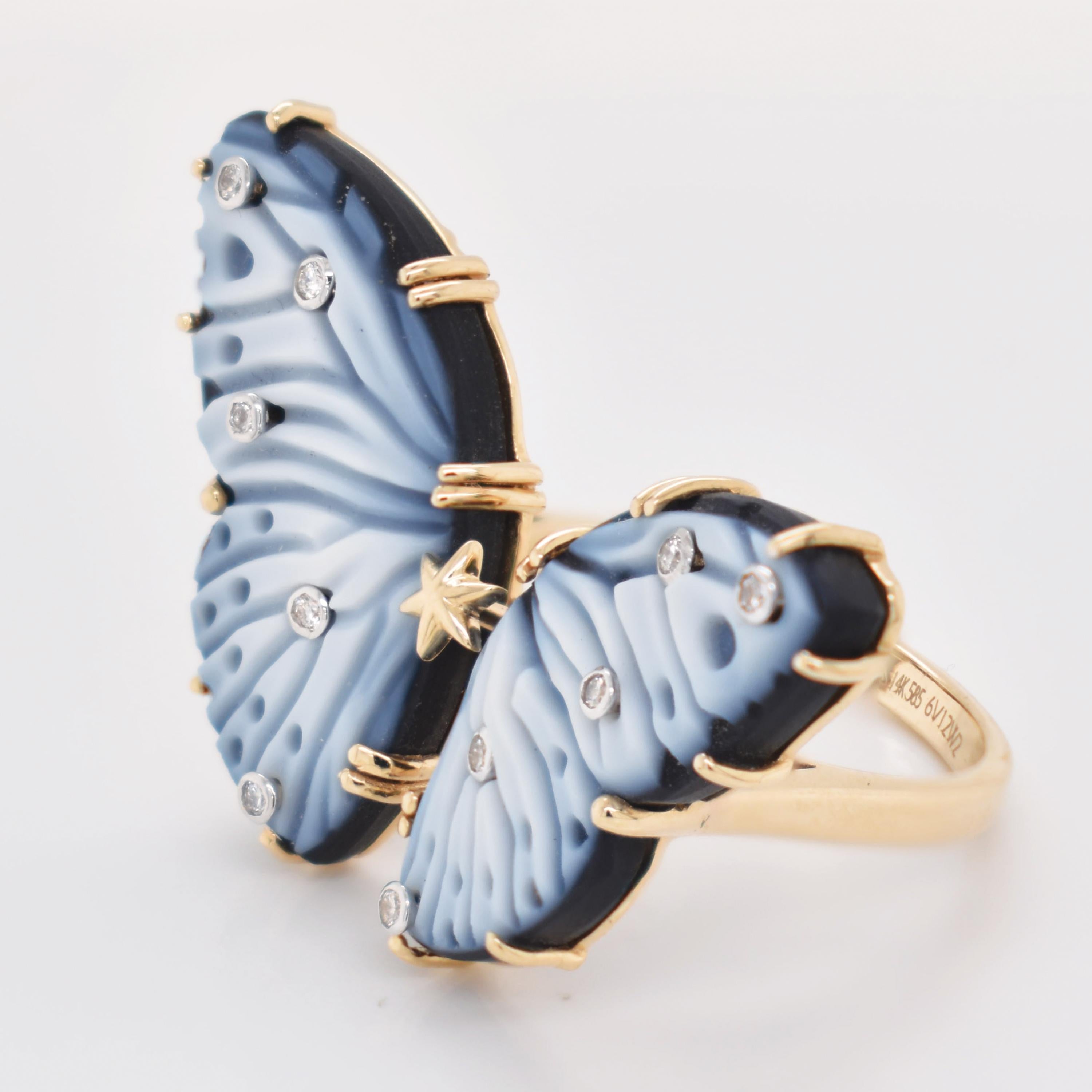 En venta: Anillo de oro de cóctel con diamantes y ágata natural tallada a mano de 14,41 quilates  9