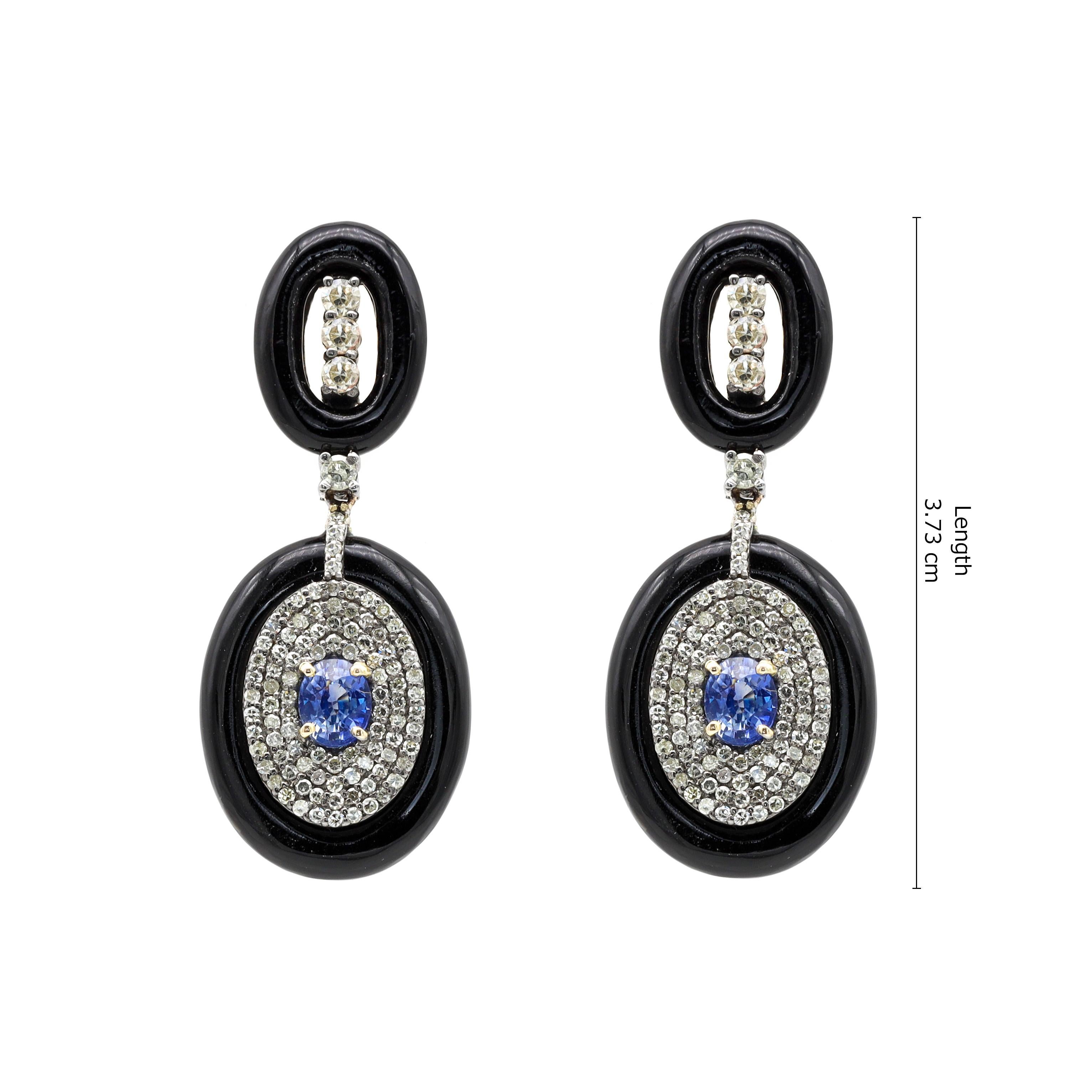 14.41 Carats Diamond, Sapphire, and Black Onyx Drop Earrings in Art-Deco Style In New Condition For Sale In Jaipur, IN