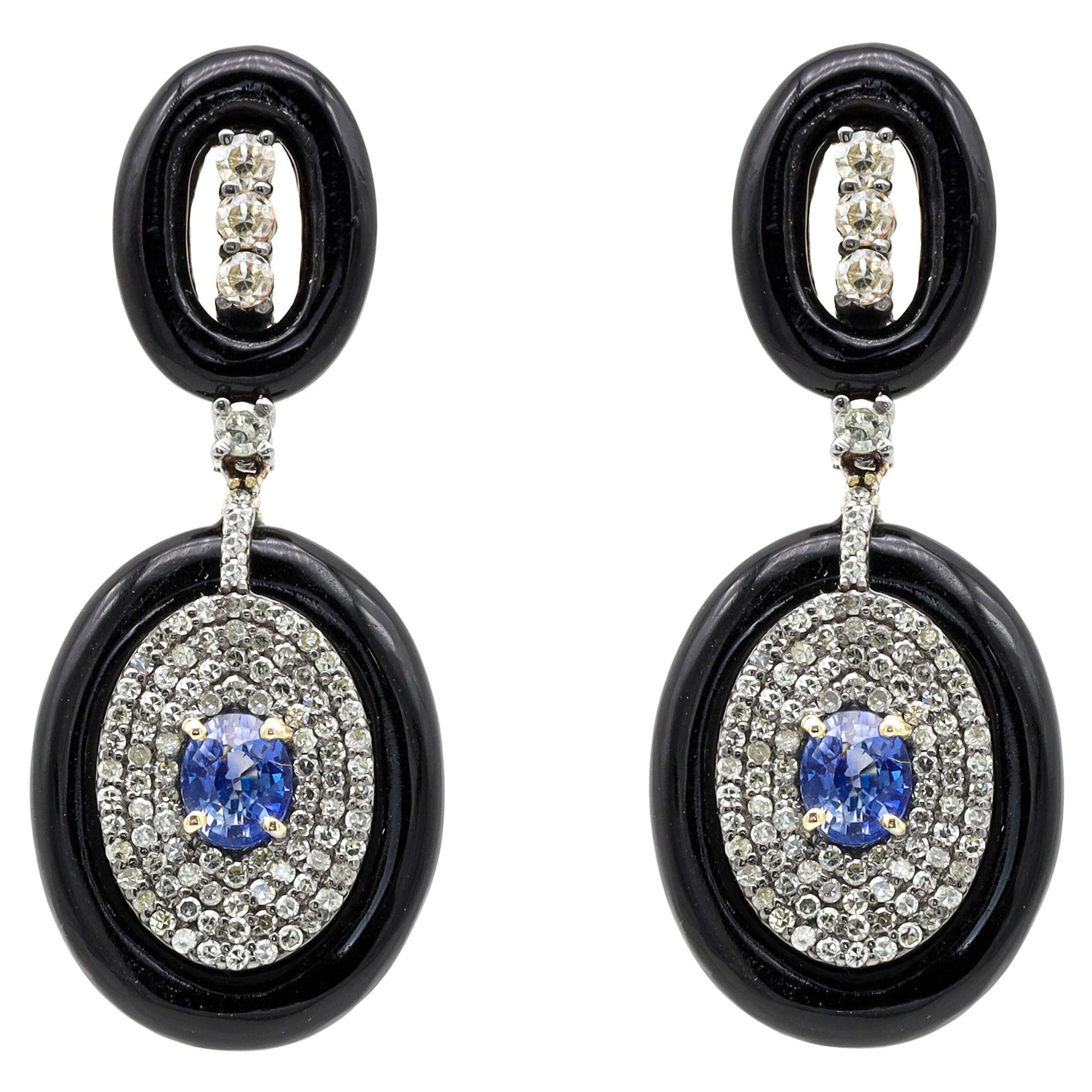 Pendants d'oreilles de 14,41 carats en diamant, saphir et onyx noir de style Art-Déco
