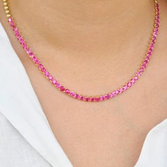 14.41 Carats Natural Round Ruby 14 Karat Yellow Gold Tennis Link Necklace