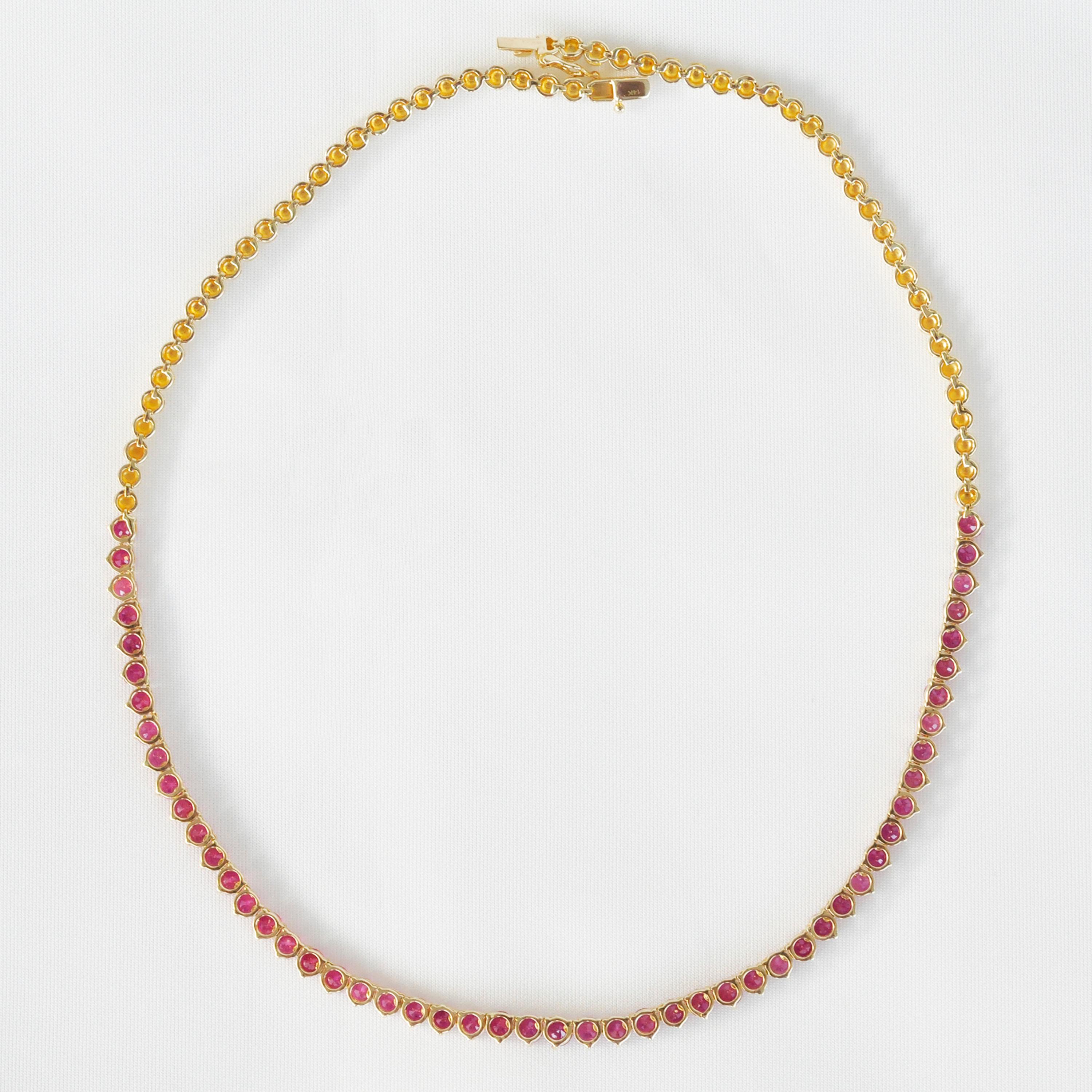 Contemporary 14.41 Carats Natural Round Ruby 14 Karat Yellow Gold Tennis Link Necklace