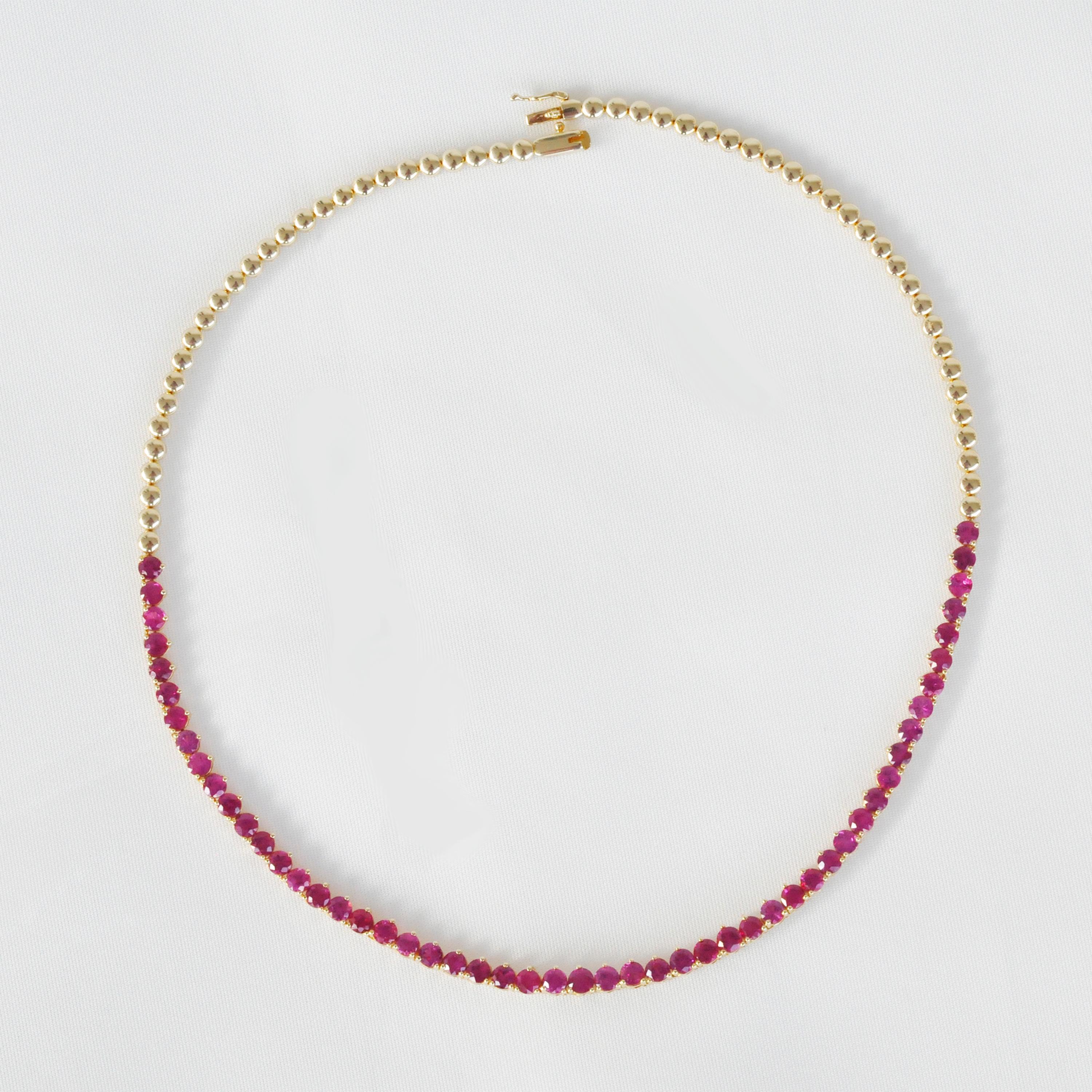 14.41 Carats Natural Round Ruby 14 Karat Yellow Gold Tennis Link Necklace In New Condition In Jaipur, Rajasthan