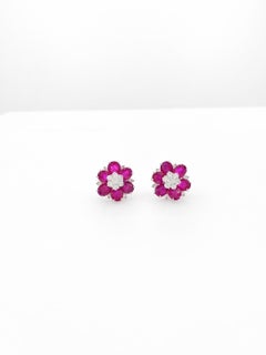 14.42 Carat Ruby Diamond Flower Cluster Earrings Oval Cut Rubies 18K White Gold
