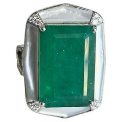 14.42 carats natural Zambian Emerald, Mother of Pearl & Diamonds Engagement Ring