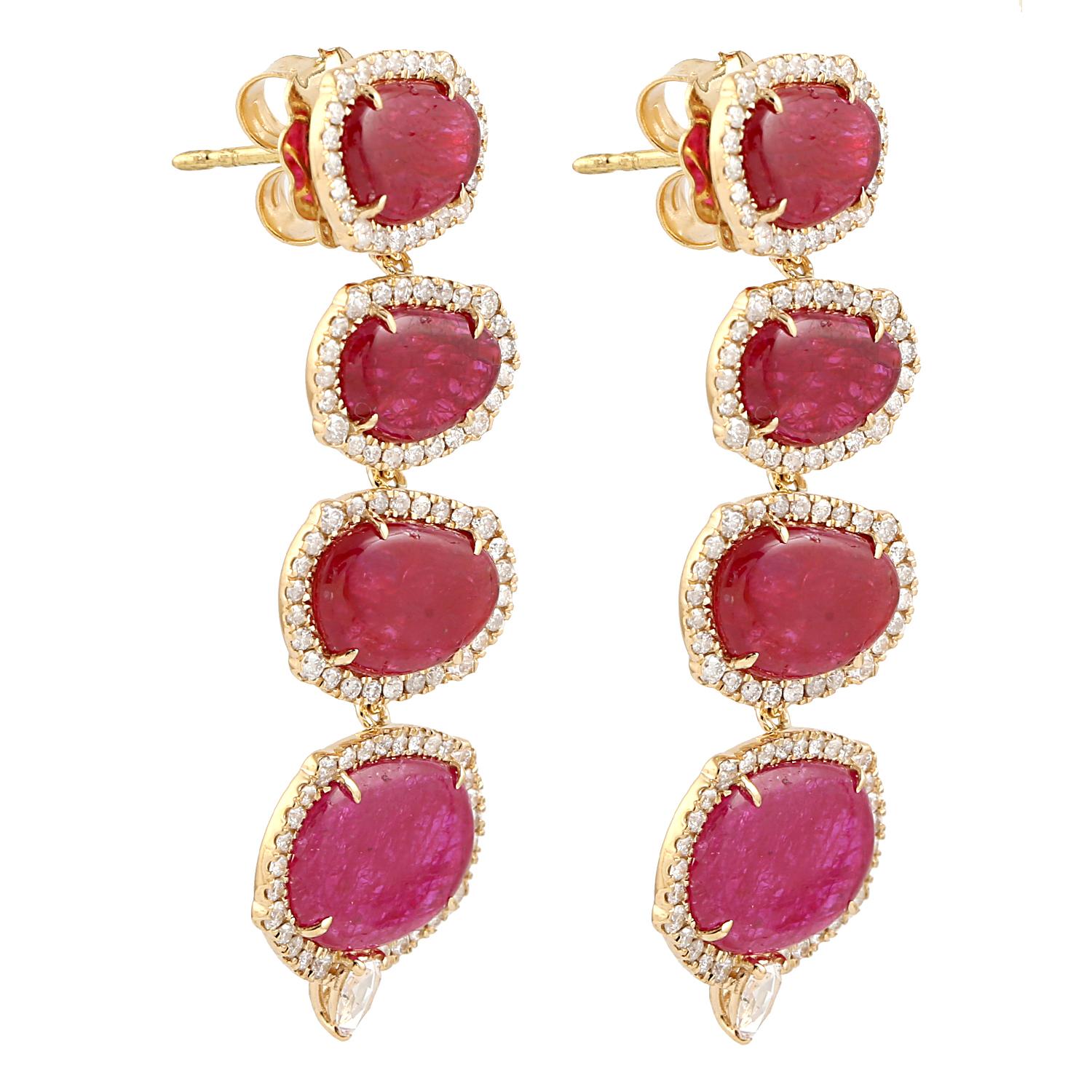Contemporary 14.43 ct Ruby Dangle Earrings With Diamonds Made In 18k Yellow Gold For Sale