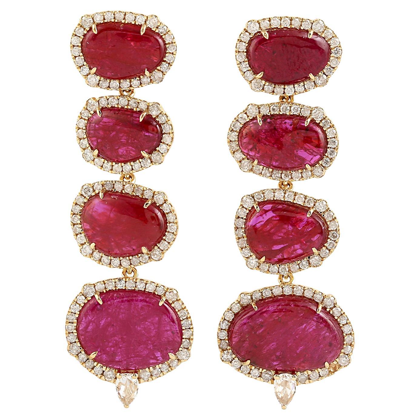 14.43 ct Ruby Dangle Earrings With Diamonds Made In 18k Yellow Gold For Sale