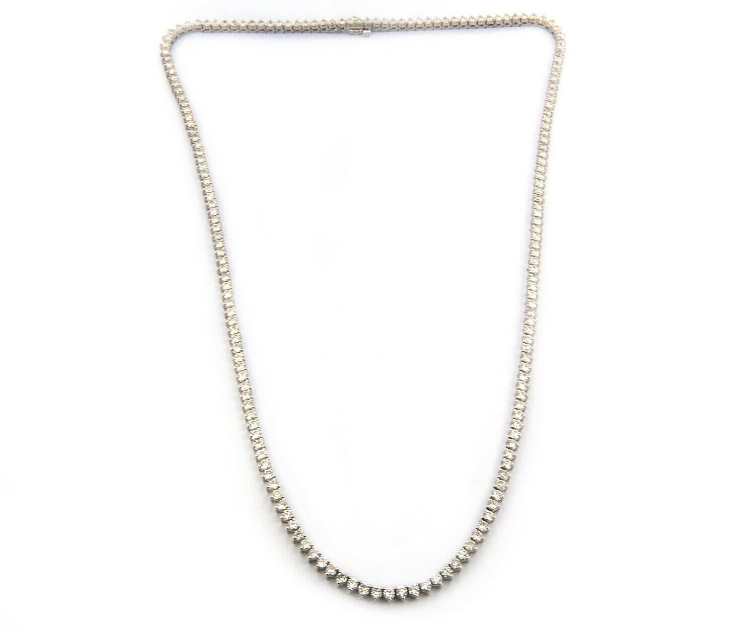 Round Cut 14.43ctw Diamond Three Prong Tennis Necklace in 14K White Gold For Sale