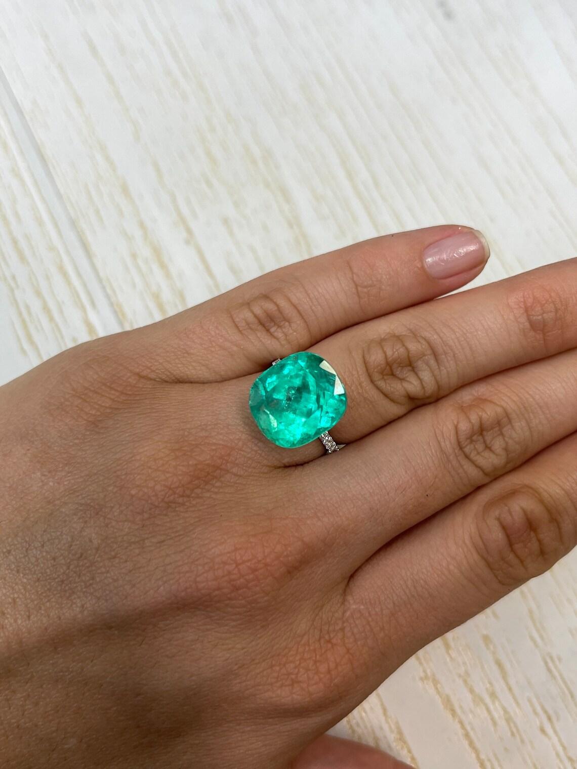 14.44 Carat Bluish Green Colombian Emerald - Cushion Cut Minor Oil May Birthston For Sale 3