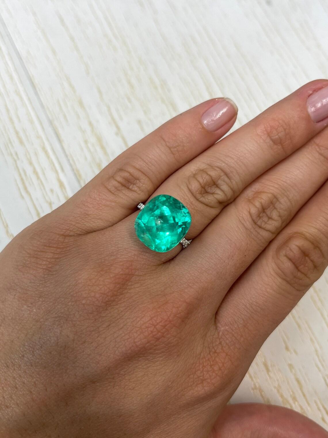 14.44 Carat Bluish Green Colombian Emerald - Cushion Cut Minor Oil May Birthston For Sale 2
