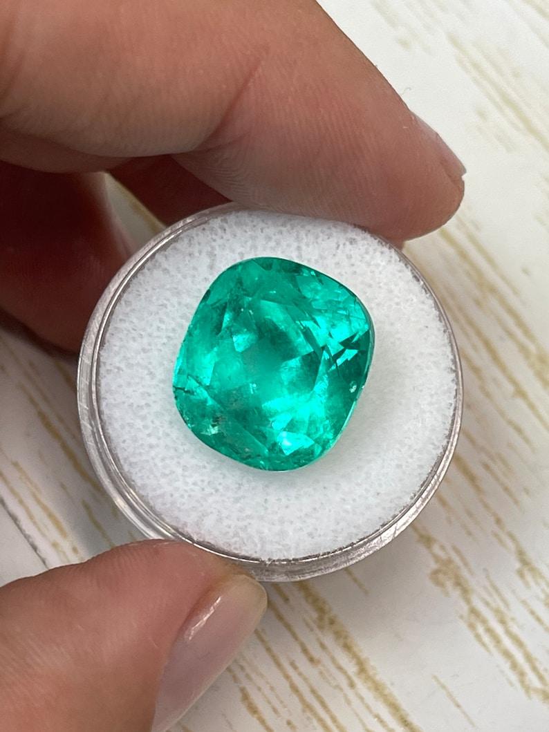 14.44 Carat Bluish Green Colombian Emerald - Cushion Cut Minor Oil May Birthston In New Condition For Sale In Jupiter, FL
