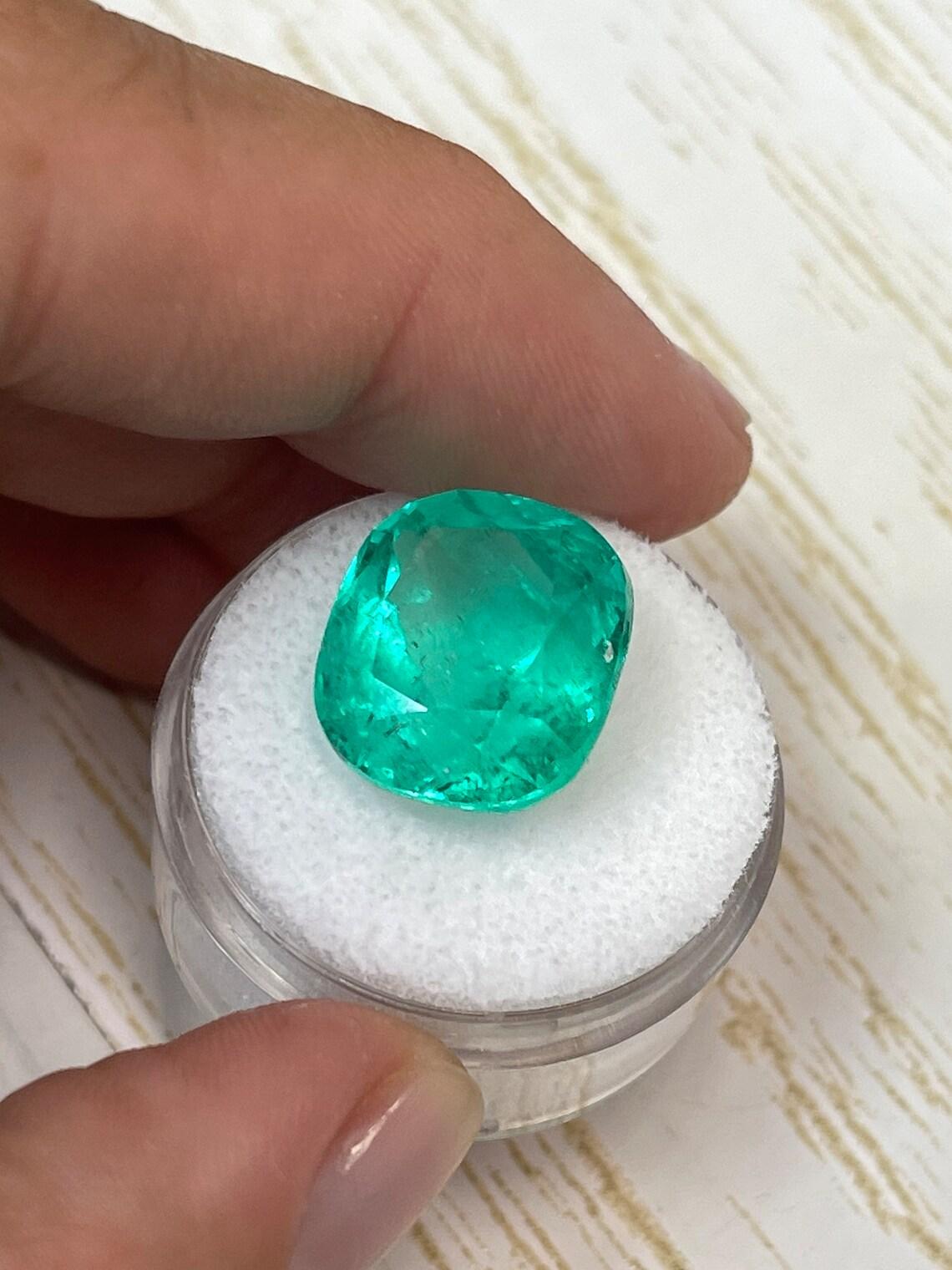 Modern 14.44 Carat Bluish Green Colombian Emerald - Cushion Cut Minor Oil May Birthston For Sale