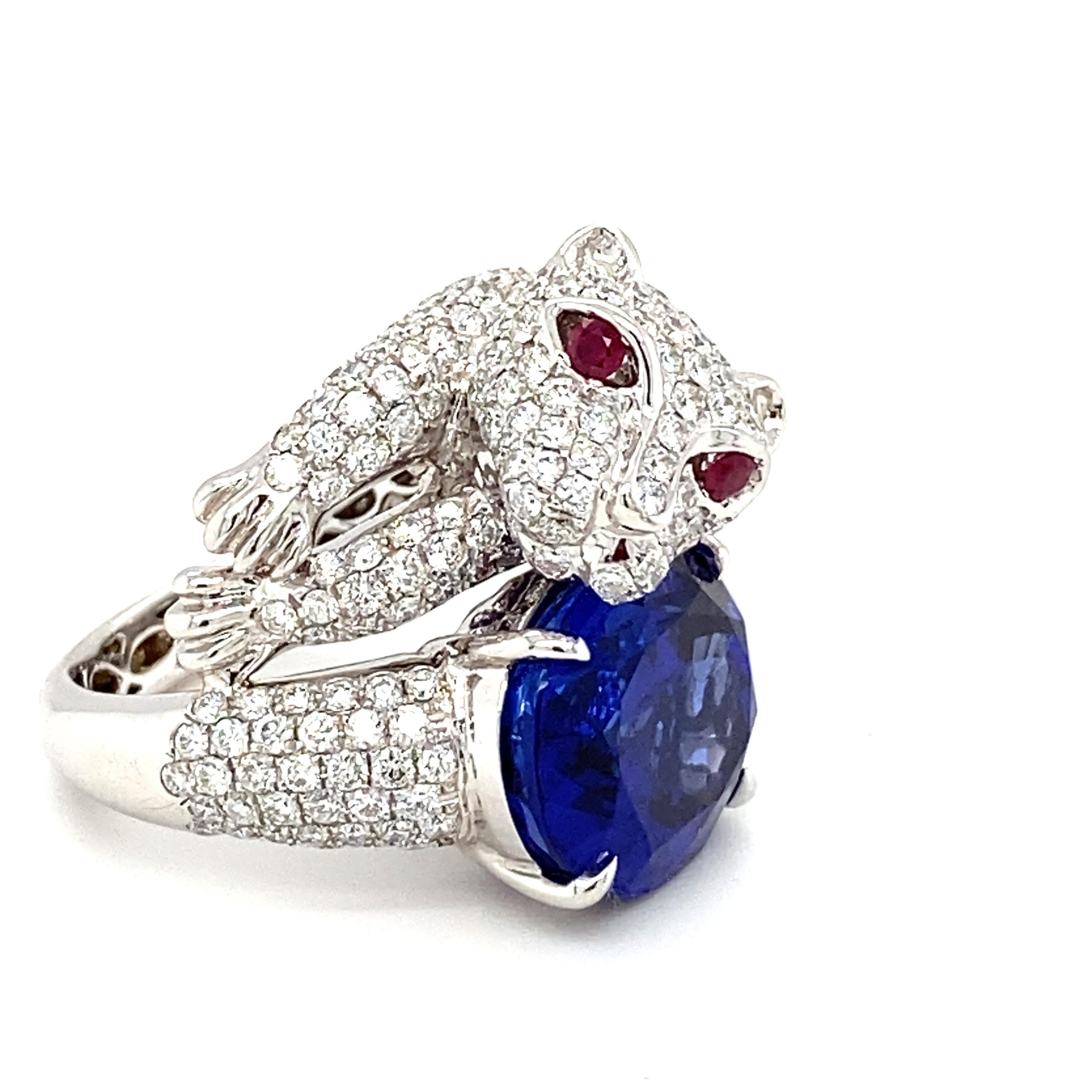 Oval Cut 14.44 Carat Tanzanite Diamond White Gold Panther Ring For Sale