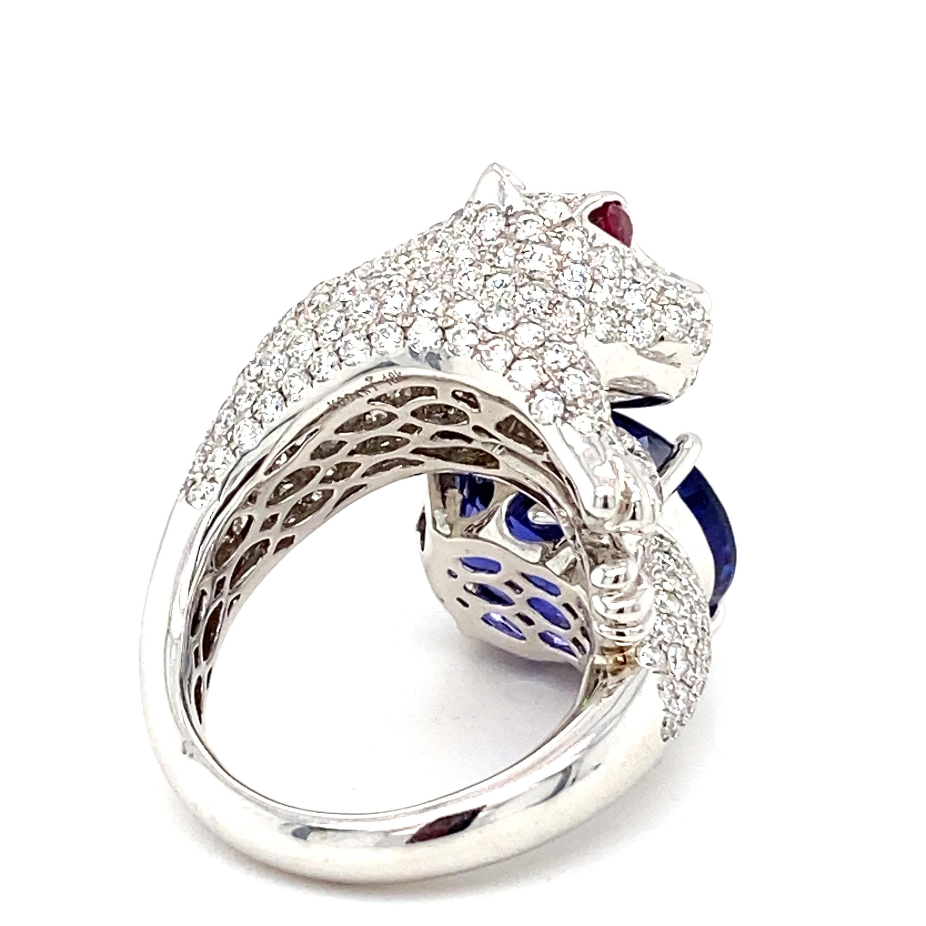 Women's 14.44 Carat Tanzanite Diamond White Gold Panther Ring For Sale