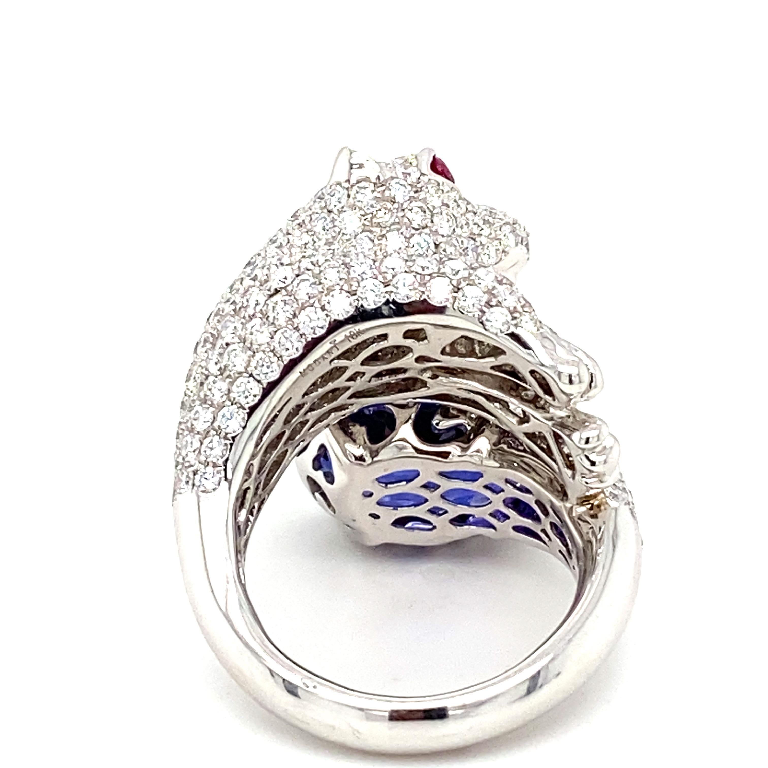 14.44 Carat Tanzanite Diamond White Gold Panther Ring For Sale 2
