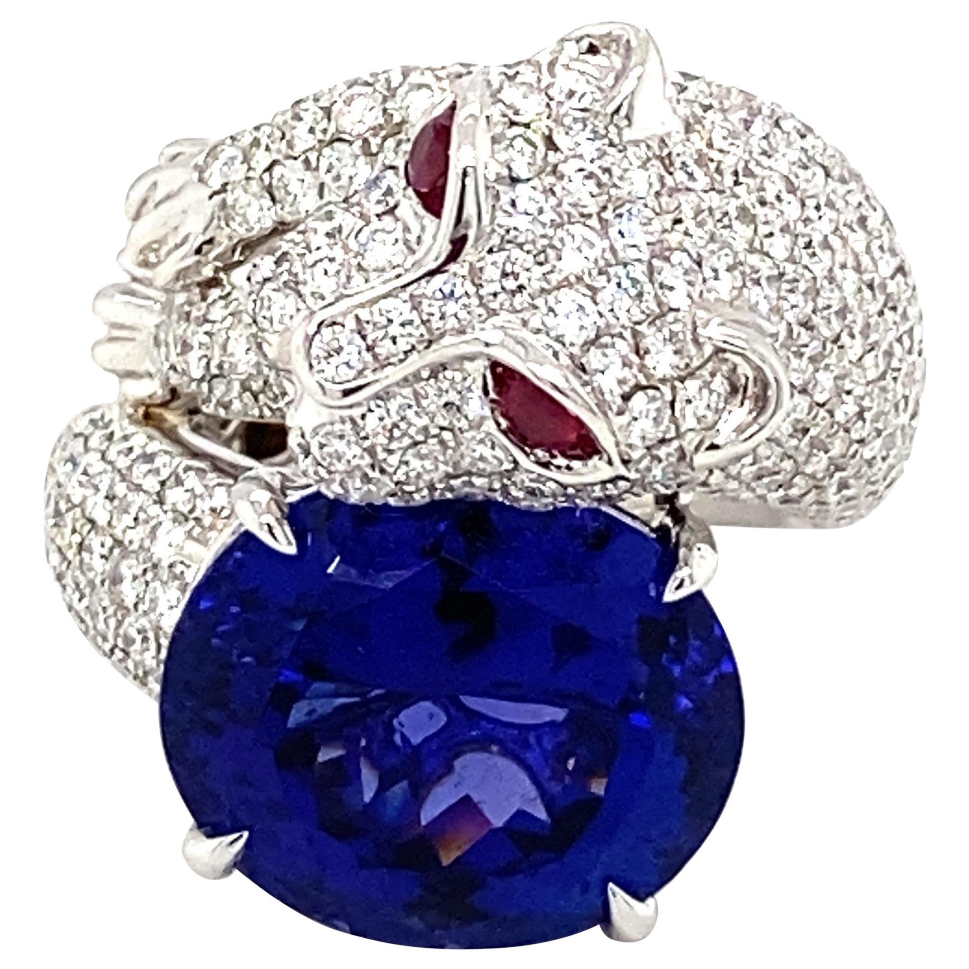 Anello Pantera in oro bianco con diamante tanzanite da 14,44 carati