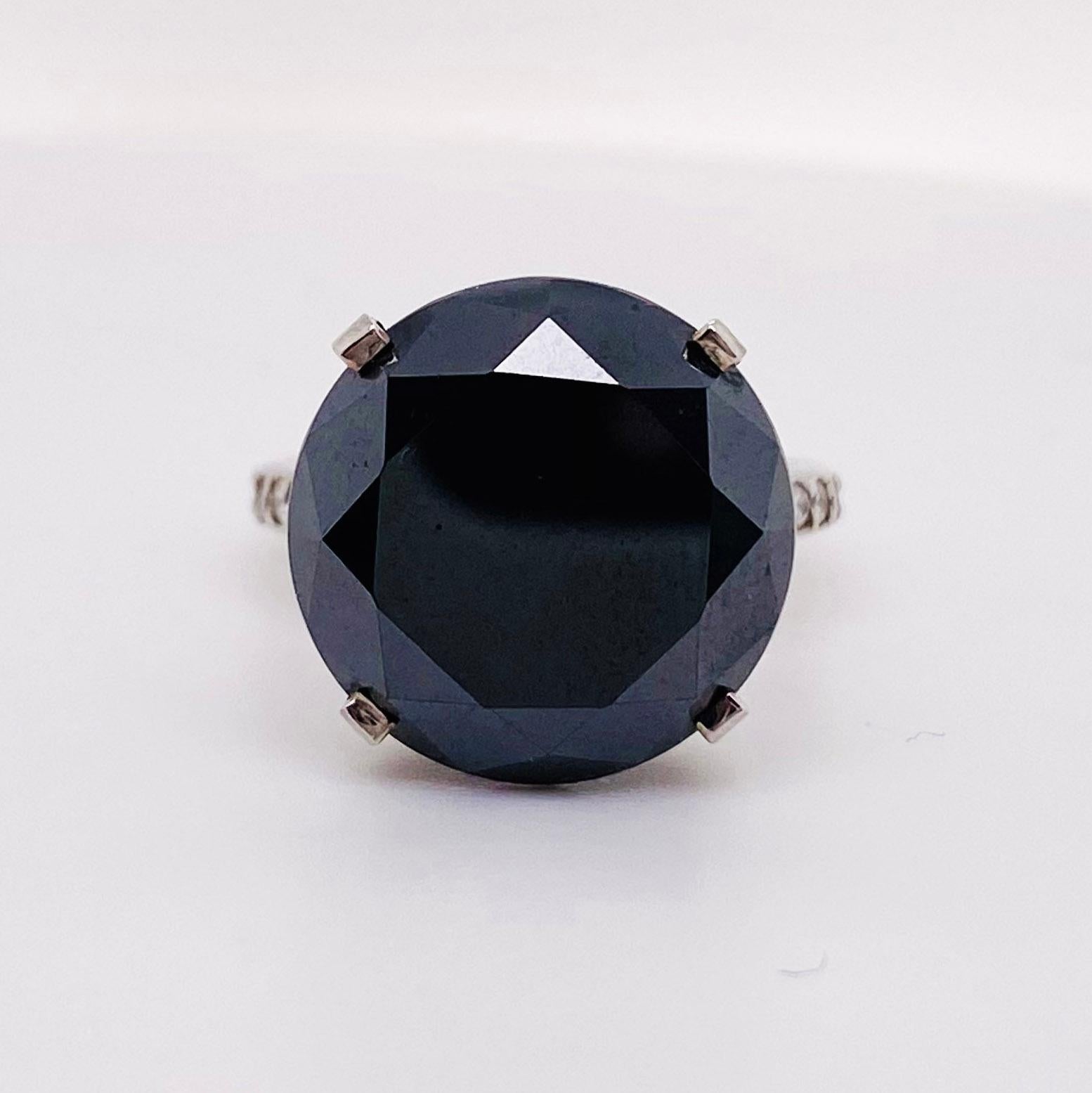 Modern 14.45 Carat Black Diamond Ring, White Gold Diamond Band and Hidden Halo