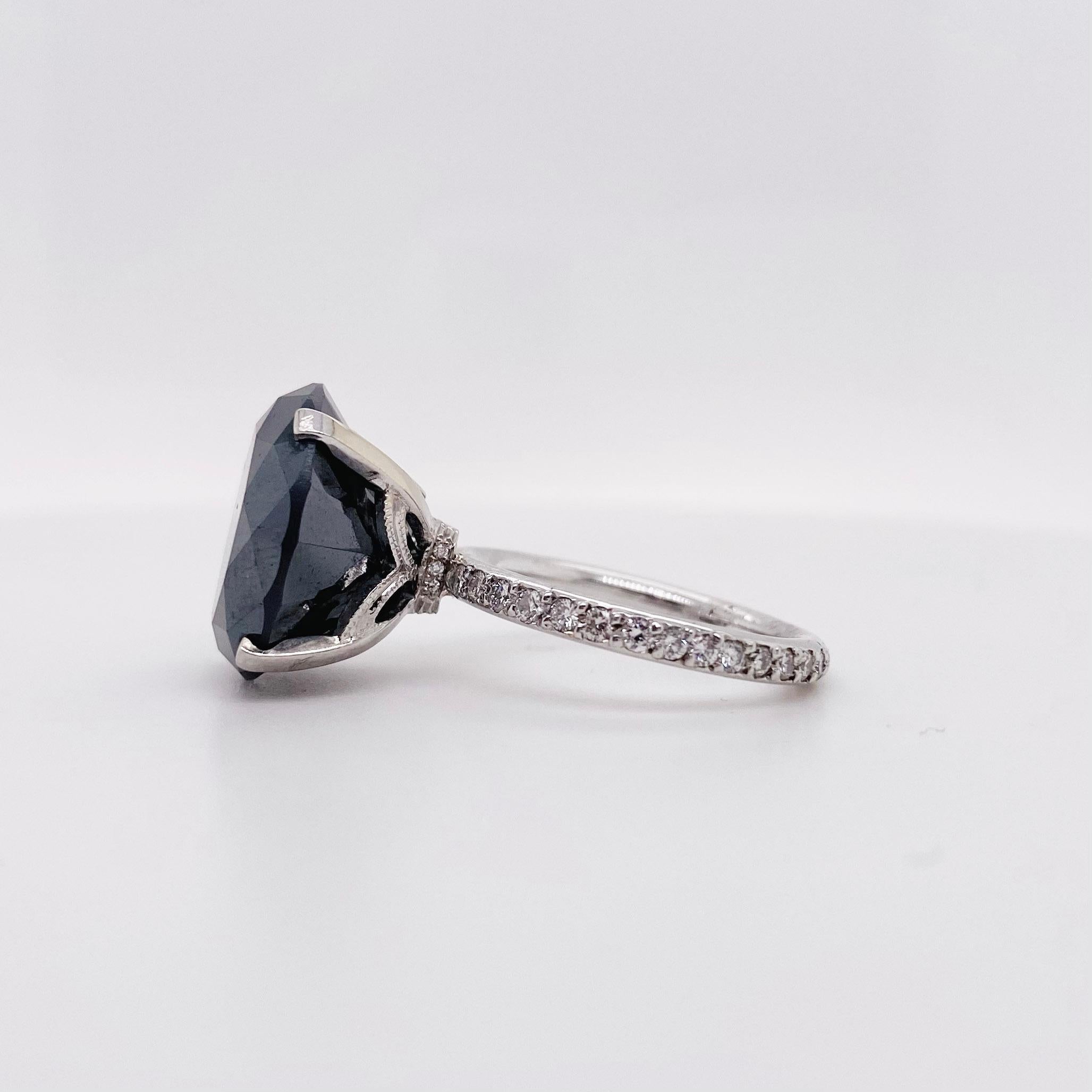 14.45 Carat Black Diamond Ring, White Gold Diamond Band and Hidden Halo In New Condition In Austin, TX