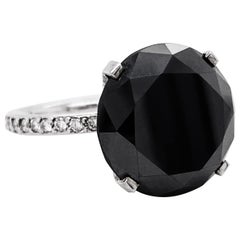 14.45 Carat Black Diamond Ring, White Gold Diamond Band and Hidden Halo