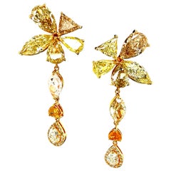 14.45 Carat Natural Fancy Colored Diamonds and White Diamond Gold Earrings