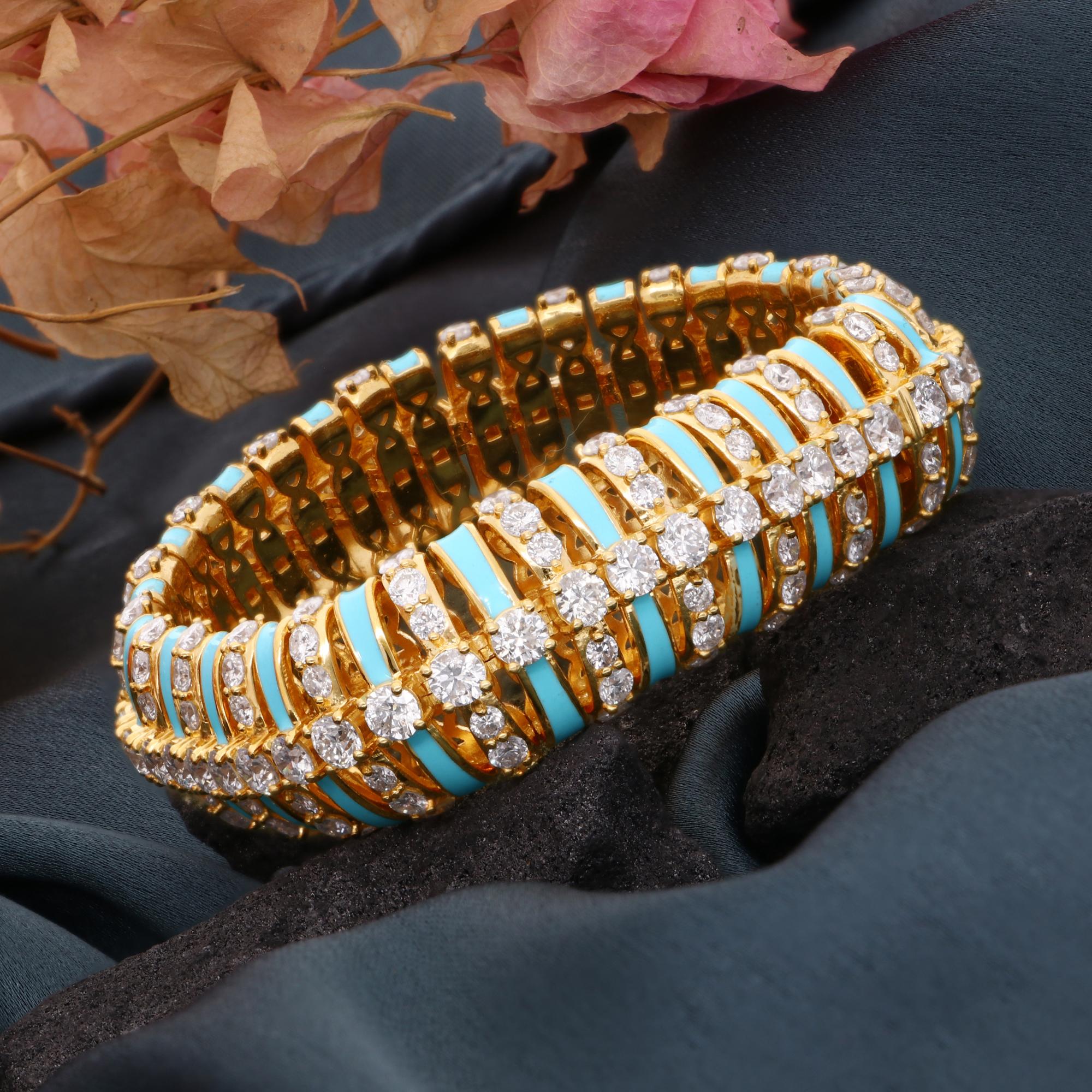 Modern 14.45 Carat SI Clarity HI Color Diamond Enamel Bracelet 14 Karat Yellow Gold For Sale