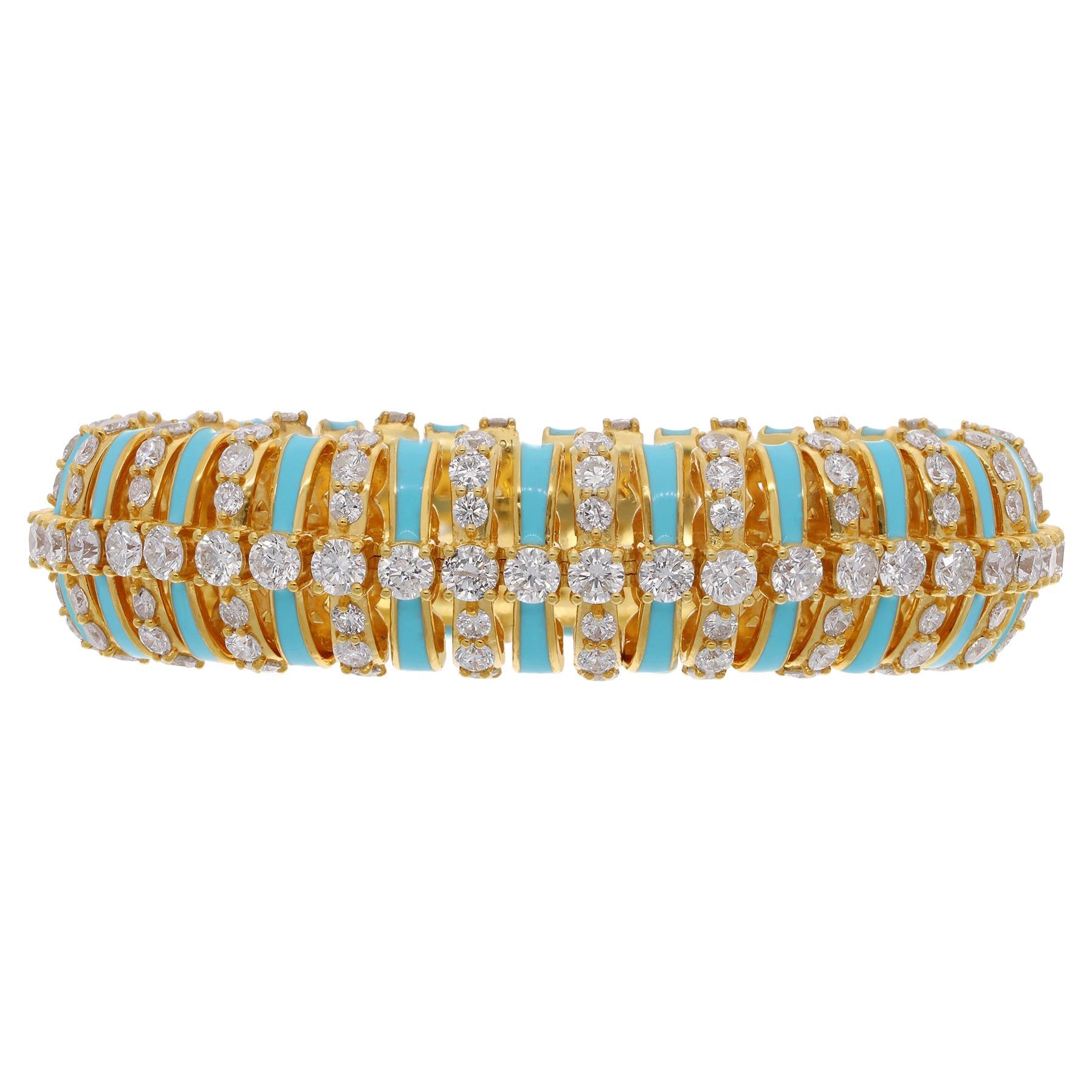 14.45 Carat SI Clarity HI Color Diamond Enamel Bracelet 14 Karat Yellow Gold For Sale
