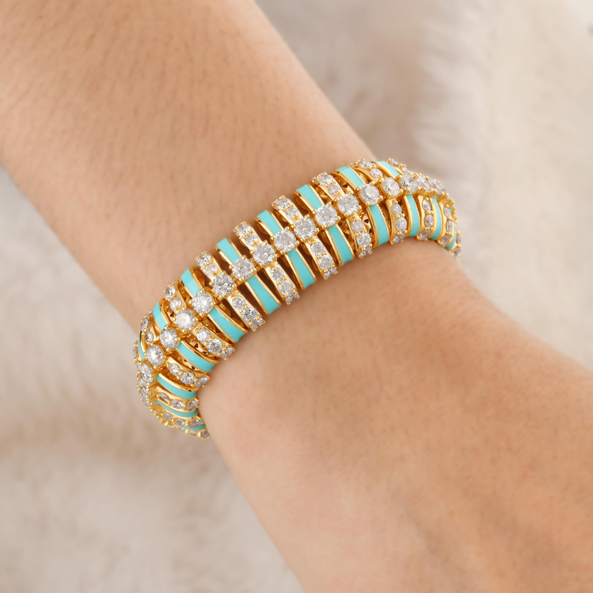 Round Cut 14.45 Carat SI Clarity HI Color Diamond Enamel Bracelet 18 Karat Yellow Gold For Sale