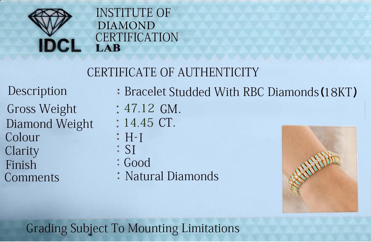 Women's 14.45 Carat SI Clarity HI Color Diamond Enamel Bracelet 18 Karat Yellow Gold For Sale