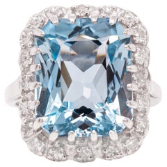 Vintage 14.46 Carat Crisscut Shape Aquamarine and Diamond 14K White Gold Cocktail Ring