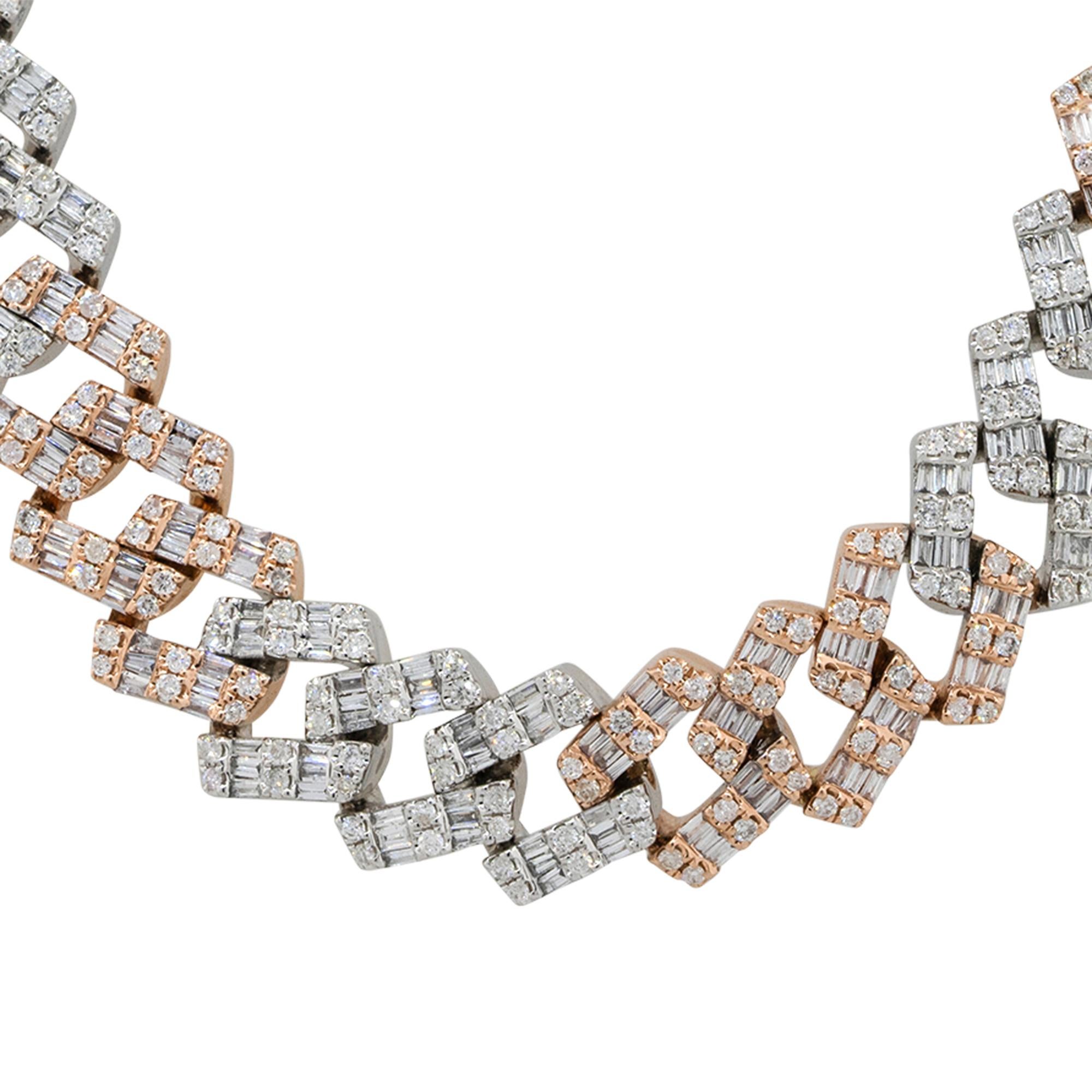 Style: Diamond Pave cuban chain
Material: 14k white & rose gold
Stone Details: Approx. 14.48ctw of round cut Diamonds. Diamonds are G/H in color and VS in clarity
Weight: 14.48ctw
Measurements: 20