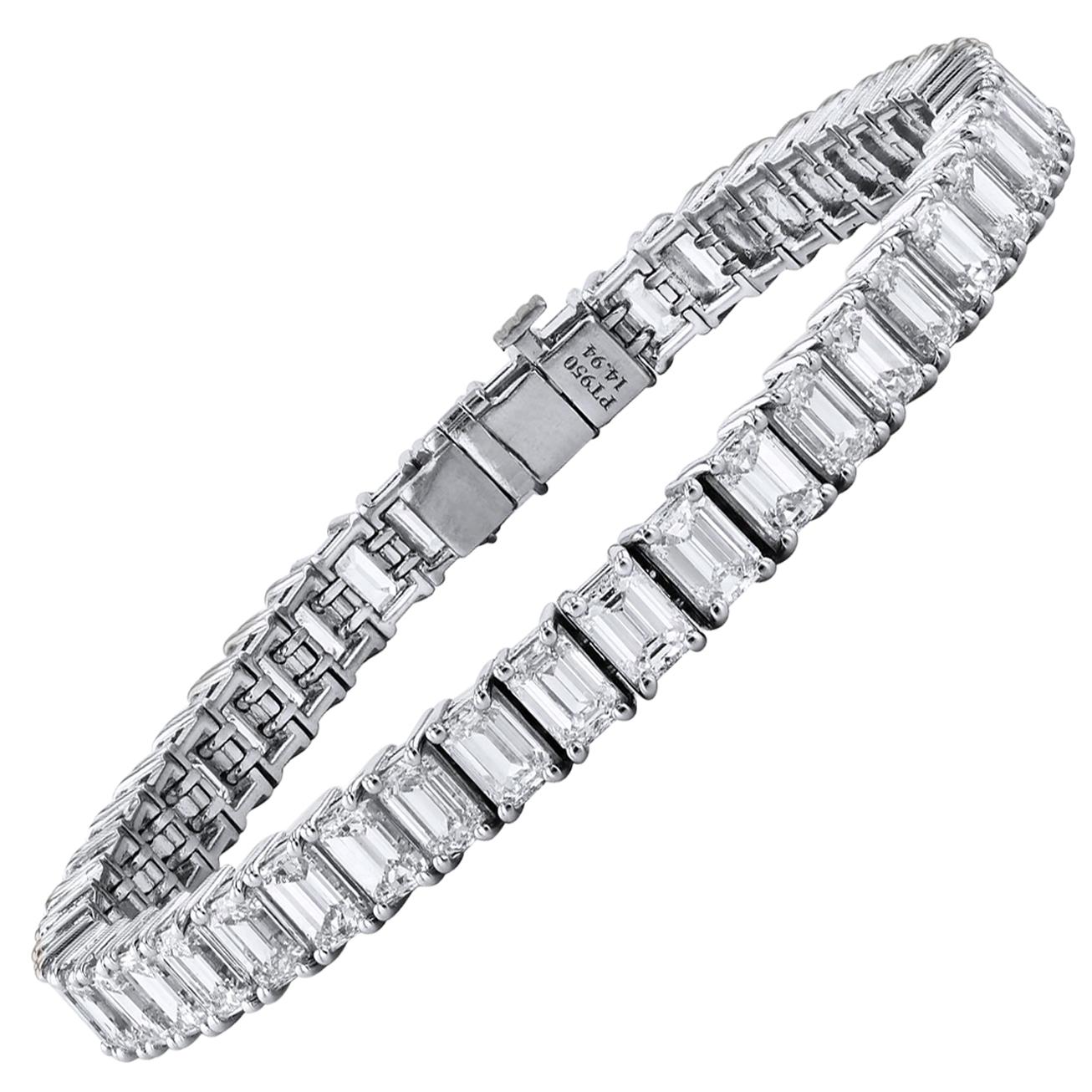 Bracelet tennis en or blanc 18 carats avec diamants taille émeraude de 14,49 carats en vente