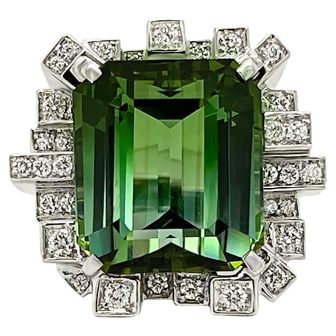 14.49 Carat Emerald Cut Green Tourmaline and 2.07 Carat Diamond Cocktail Ring  For Sale