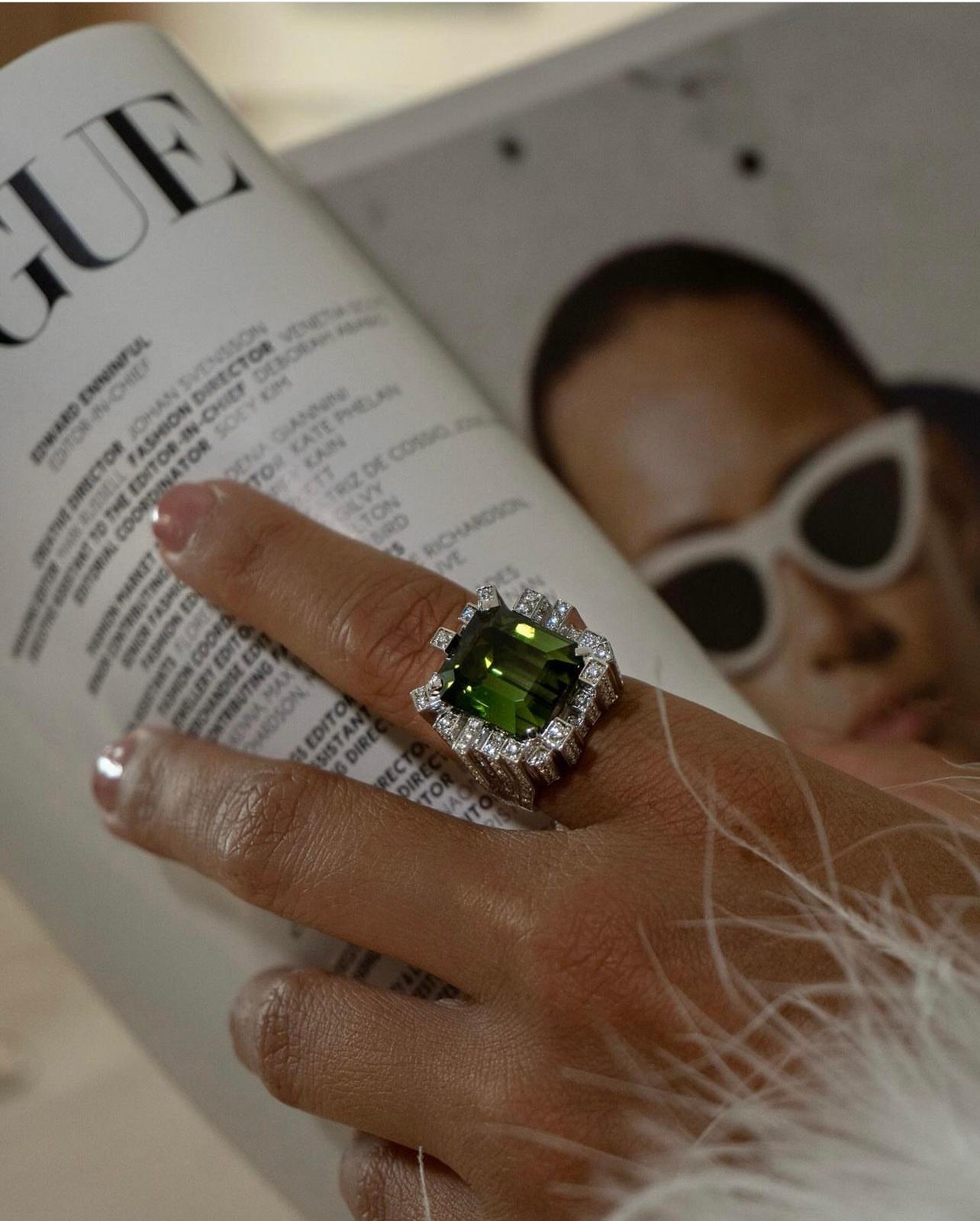 14.49 Carat Emerald Cut Green Tourmaline and 2.07 Carat Diamond Cocktail Ring  In New Condition For Sale In Bangkok, TH