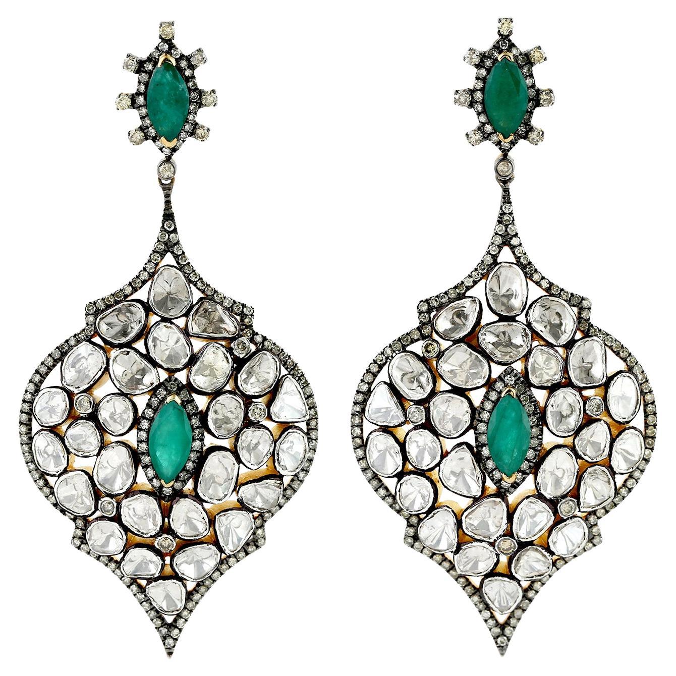 14.49ct Rosecut Diamond Dangle Earrings With Emerald In 18k Yellow Gold & Silver For Sale