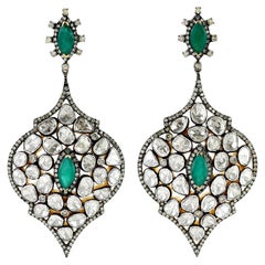 14.49ct Rosecut Diamond Dangle Earrings With Emerald In 18k Yellow Gold & Silver