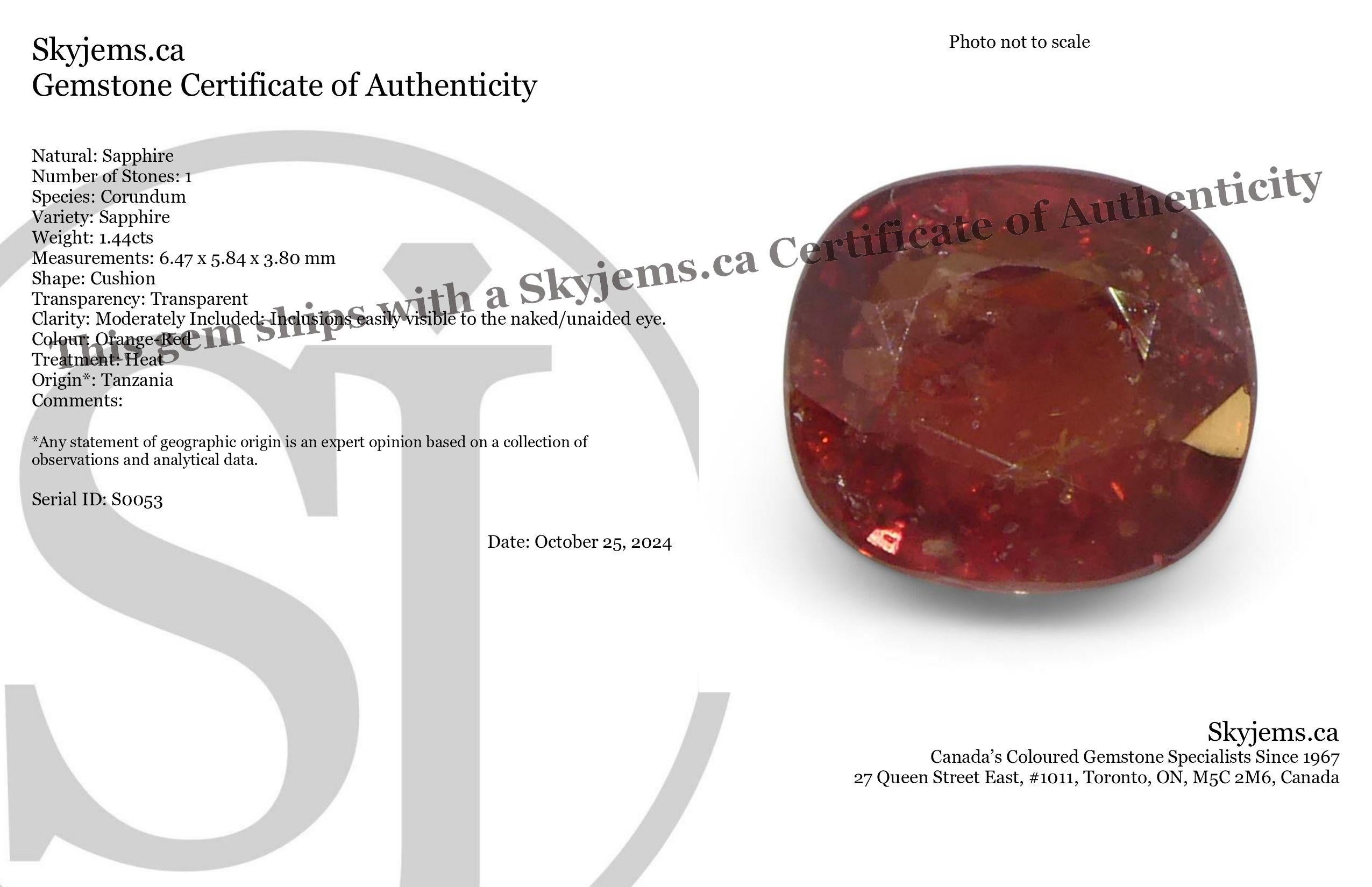 Description:

Gem Type: Sapphire 
Number of Stones: 1
Weight: 1.44 cts
Measurements: 6.47 x 5.84 x 3.80 mm
Shape: Cushion
Cutting Style Crown: Brilliant Cut
Cutting Style Pavilion: Step Cut 
Transparency: Transparent
Clarity: Moderately Included: