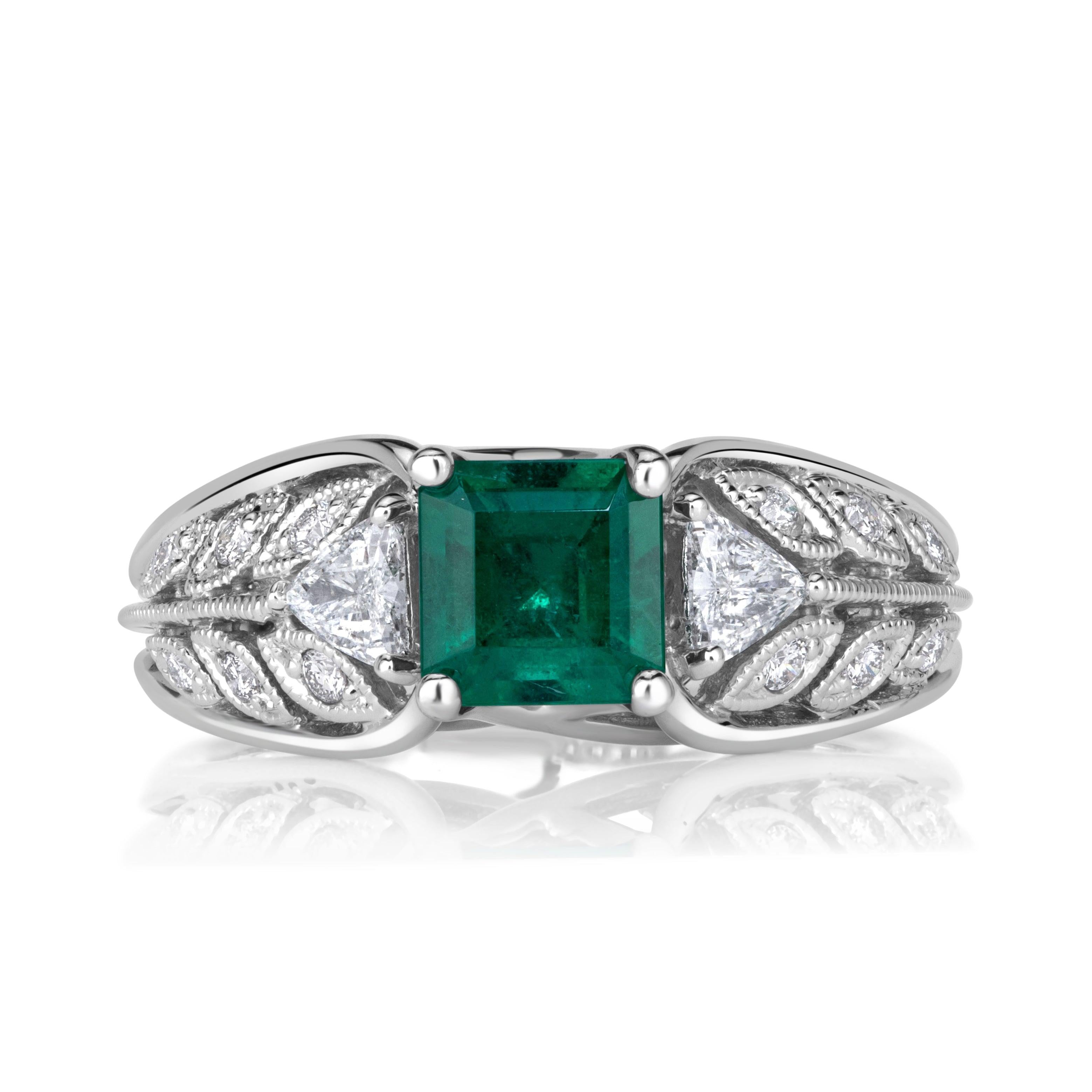 1.44ct Emerald Cut Green Emerald Engagement Ring For Sale
