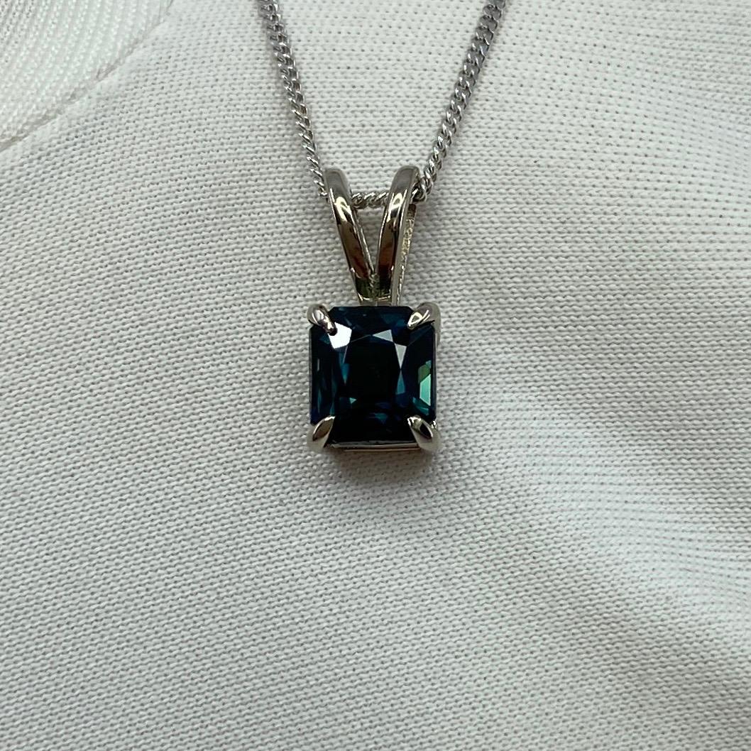Deep Teal Green Blue Untreated Sapphire 18k White Gold Pendant Necklace.

A fine IGI certified 1.44 carat untreated sapphire with a stunning and unique deep green blue colour.

The sapphire also has an excellent fancy octagonal cut with excellent
