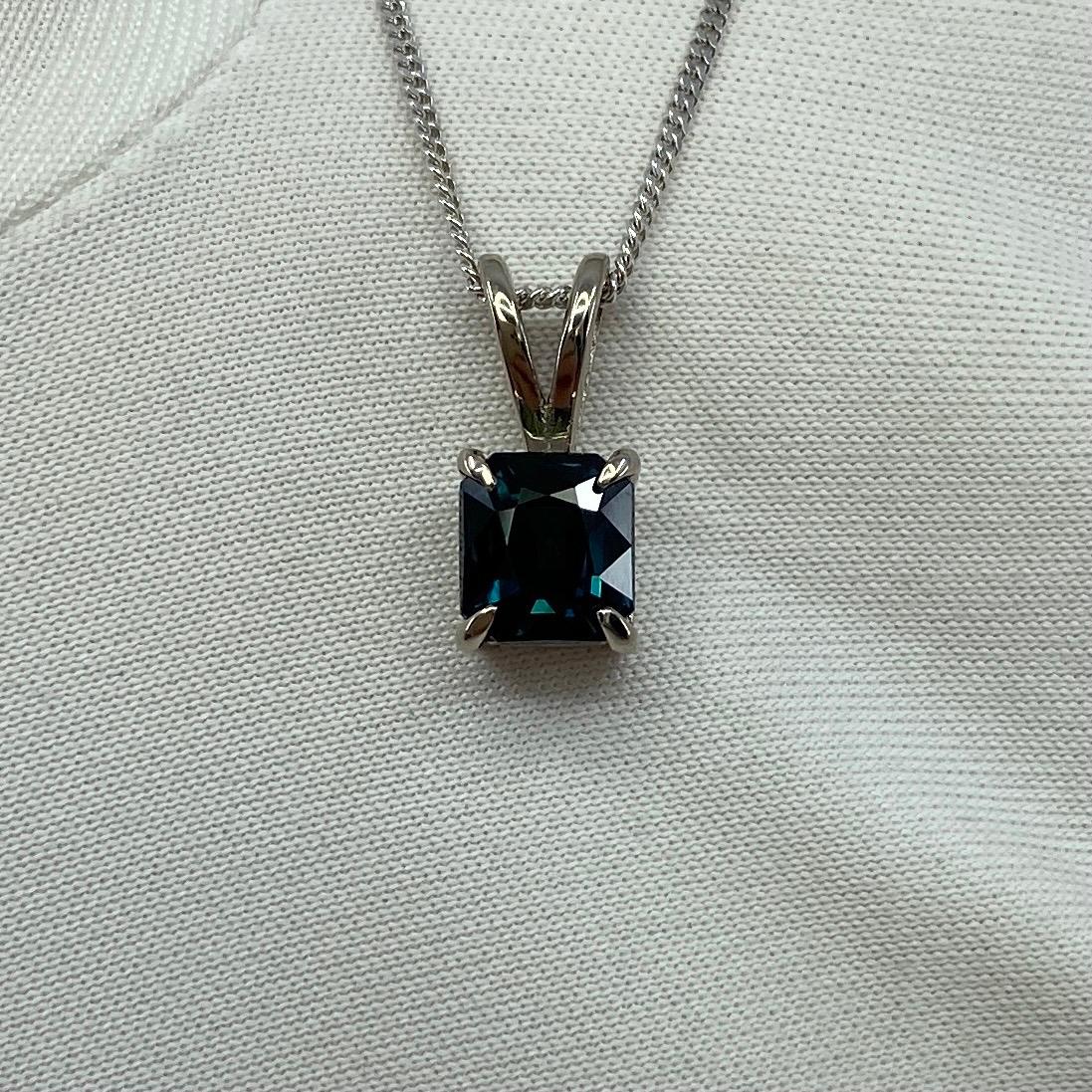 Octagon Cut 1.44ct IGI Certified Deep Teal Blue Untreated Sapphire 18k White Gold Pendant For Sale