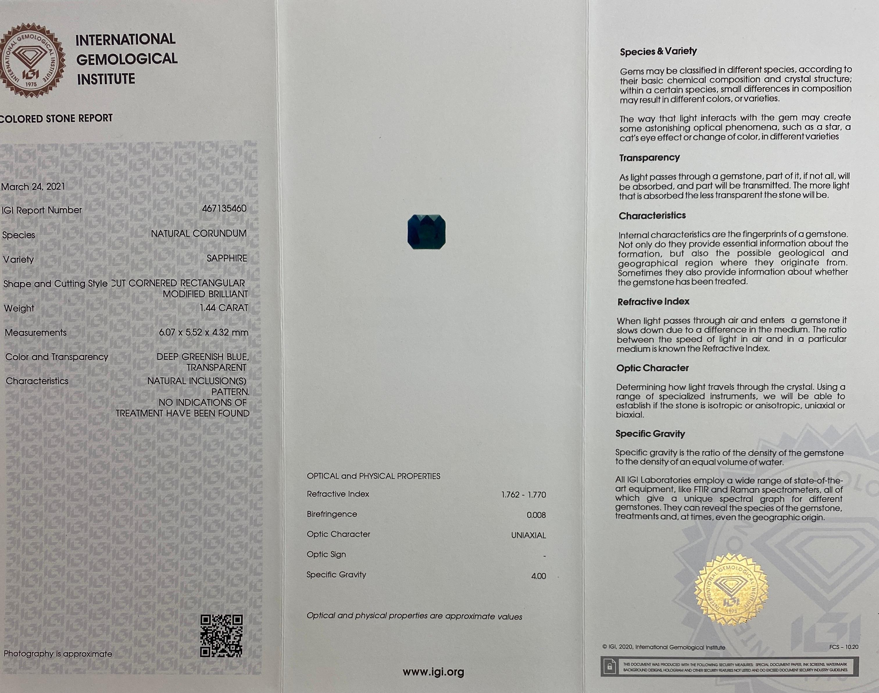 Pendentif en or blanc 18 carats avec saphir bleu sarcelle profond non traité certifié IGI de 1,44 carat Neuf - En vente à Birmingham, GB